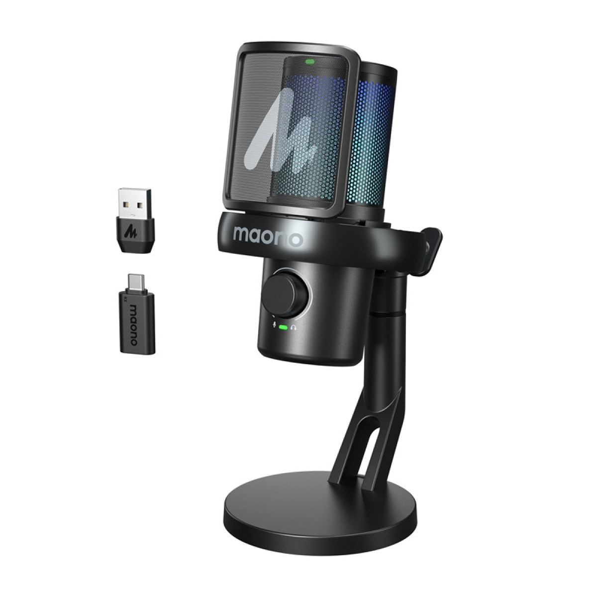 Microfono Maono nero su supporto con adattatori USB e USB-C.