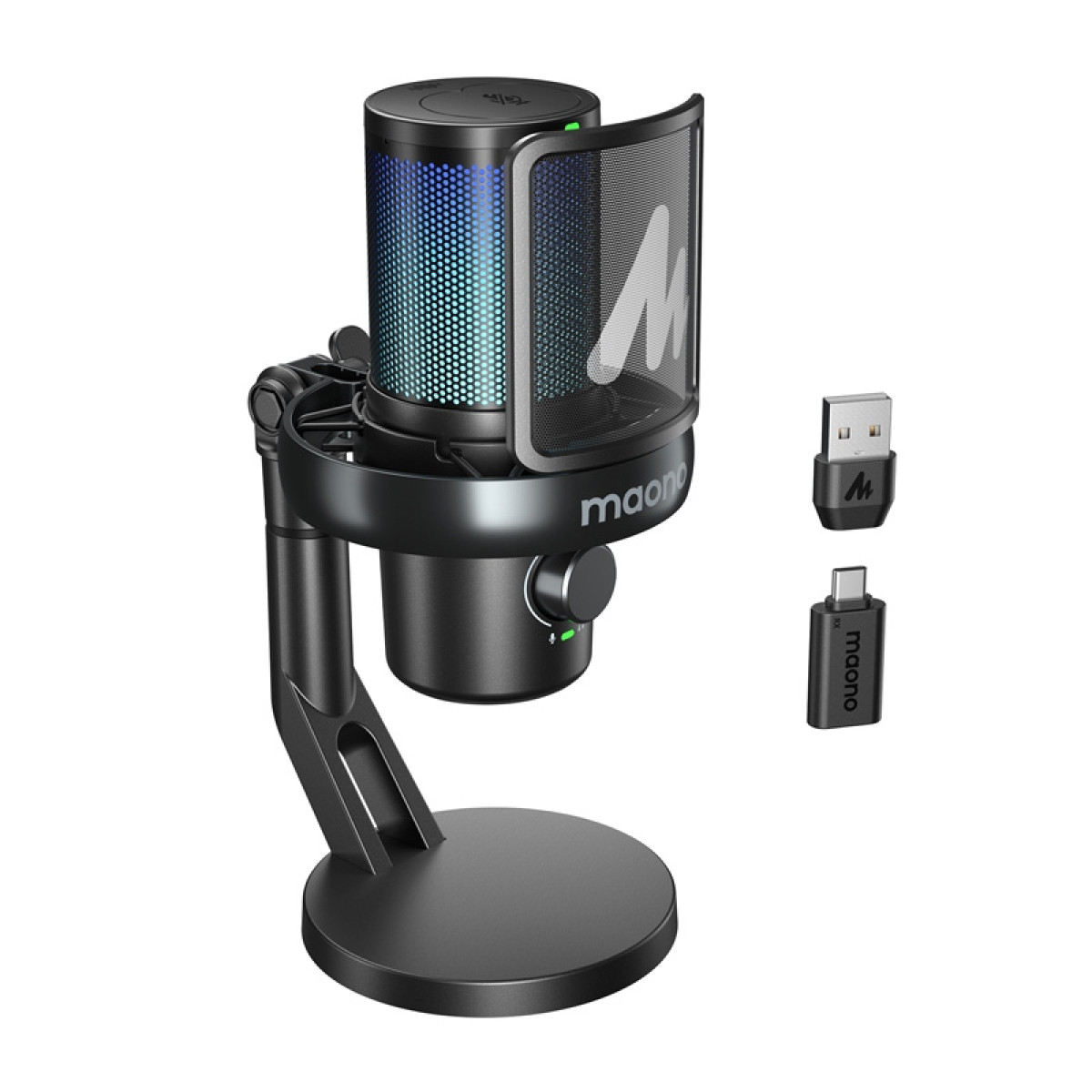 Microfono nero con luci RGB, su supporto, con adattatori USB e USB-C.
