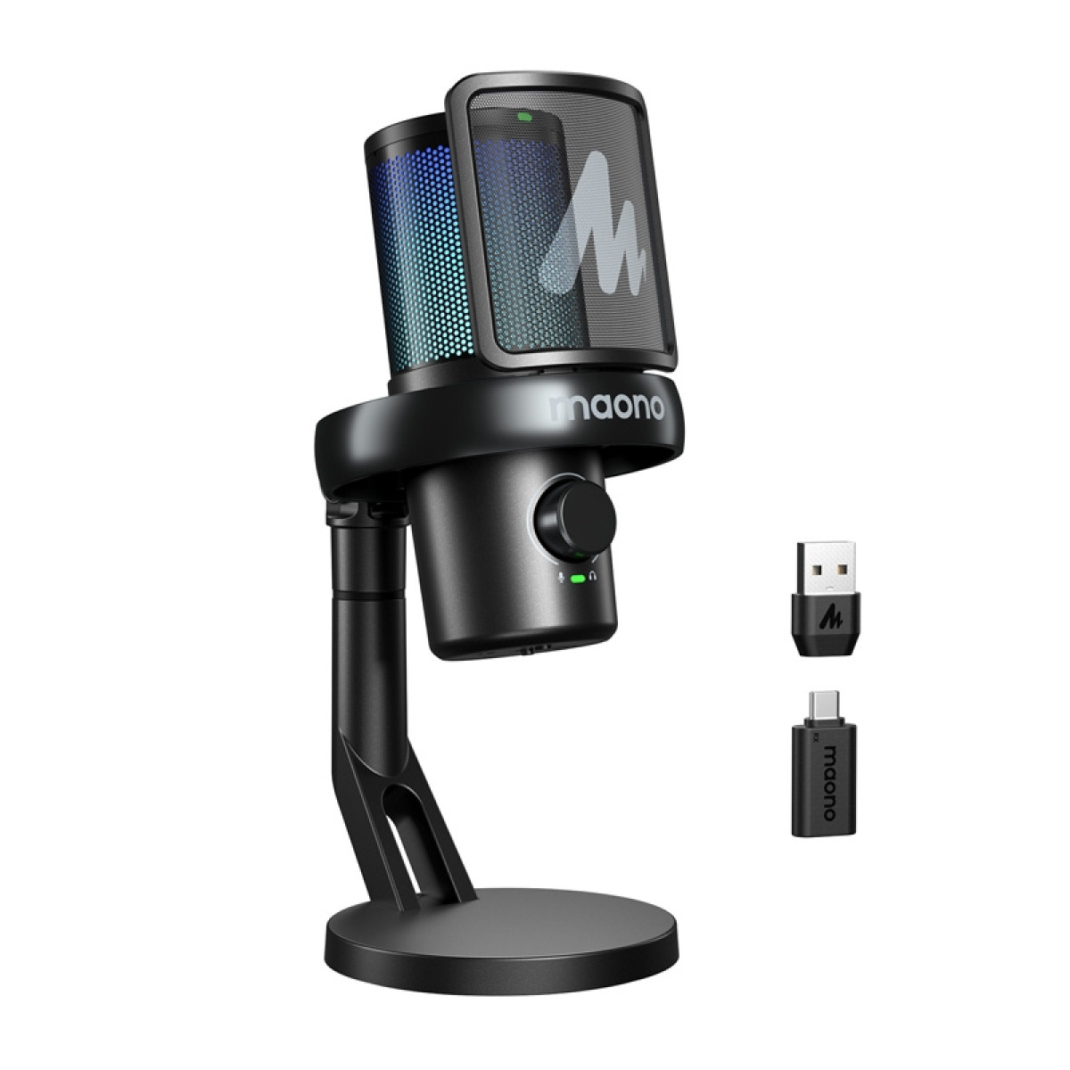 Microfono Maono nero su supporto con adattatori USB e USB-C.