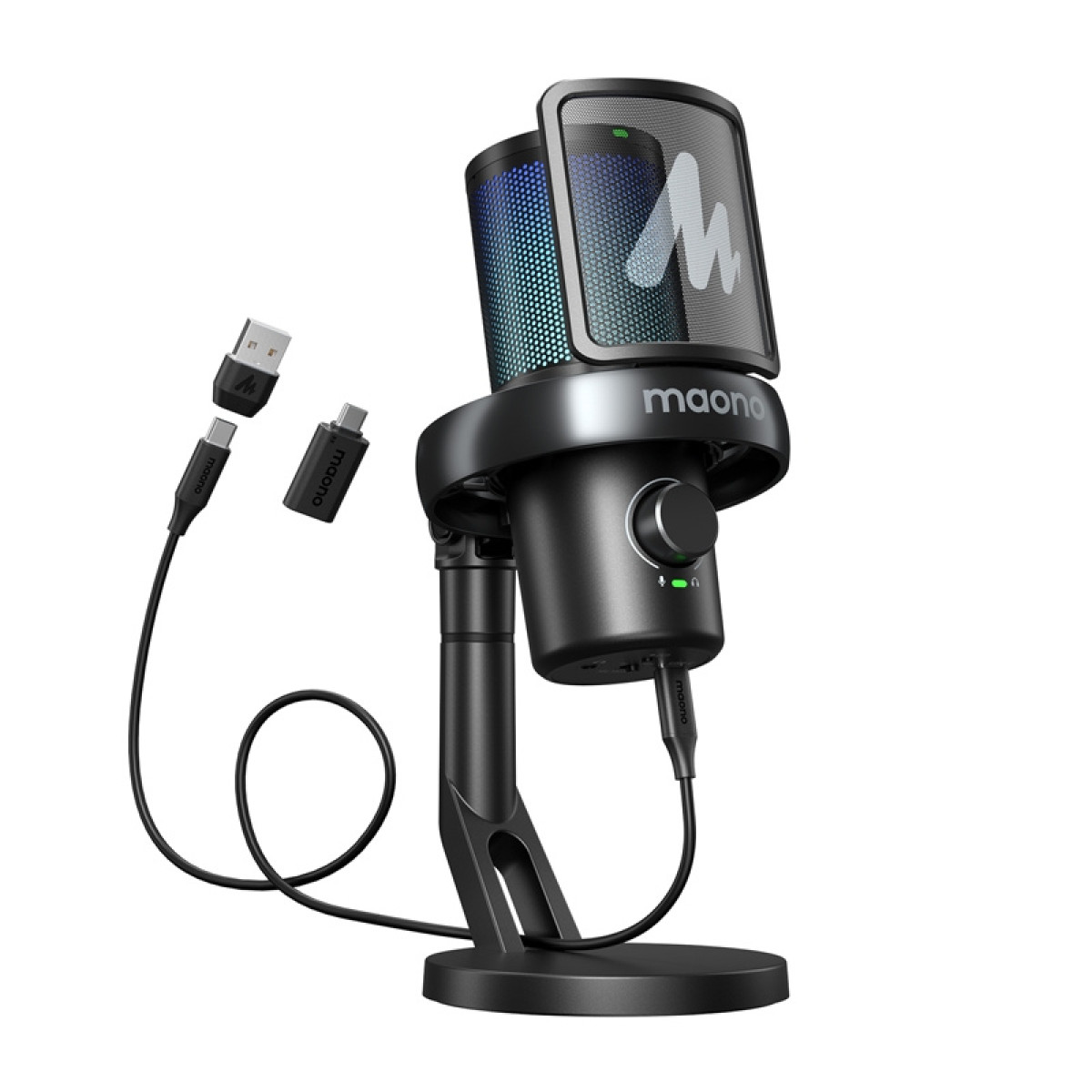 Un microfono Maono nero con filtro antipop, supporto e cavi USB su sfondo bianco.