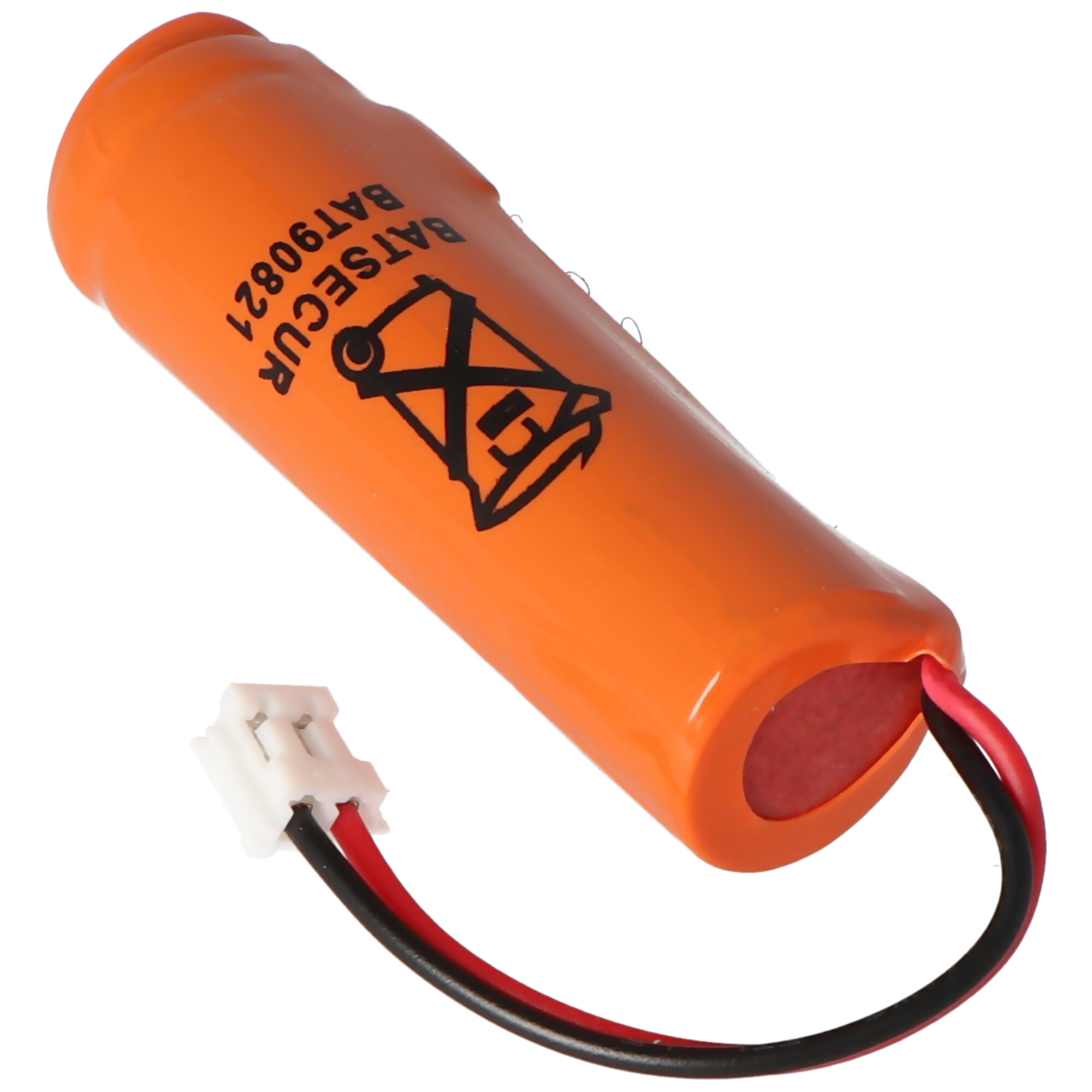 Orange Batterie mit schwarzen und roten Kabeln und weißem Stecker. Text: BATSECR BAT90821.