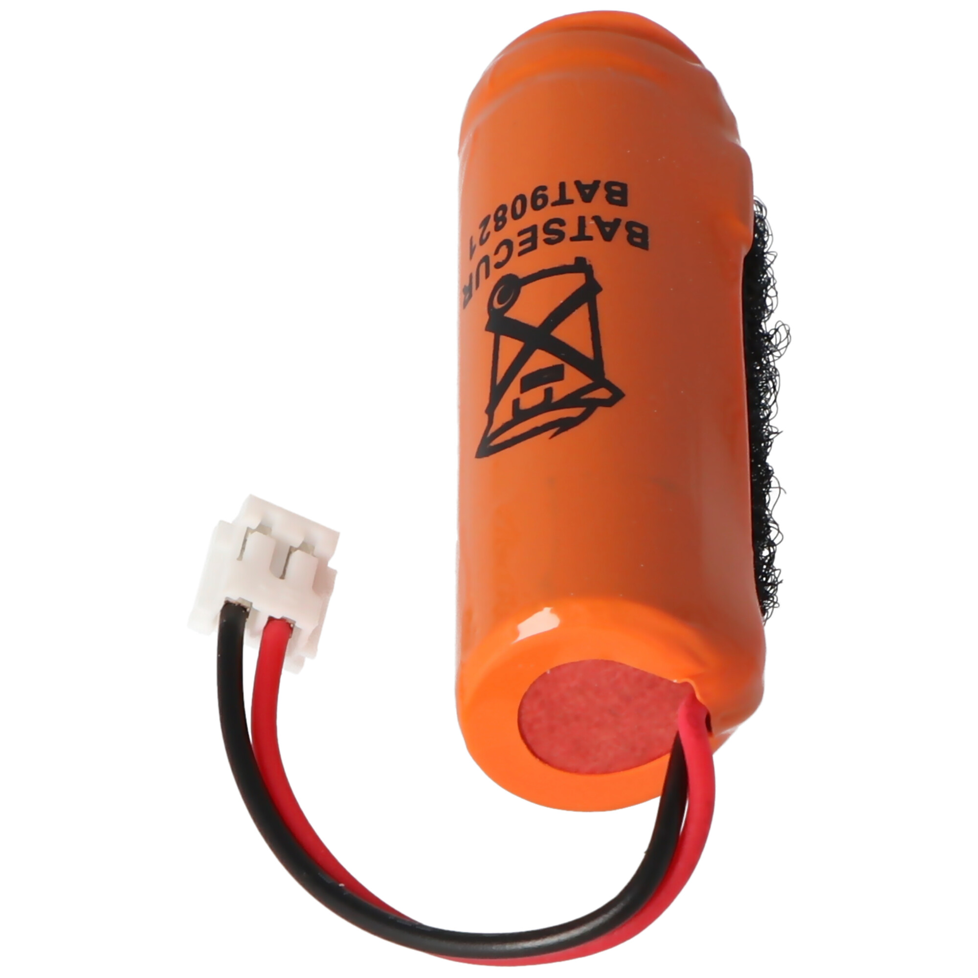 Orangefarbene Batterie mit schwarzen Kabeln und weißem Stecker. Text und Symbol sichtbar.