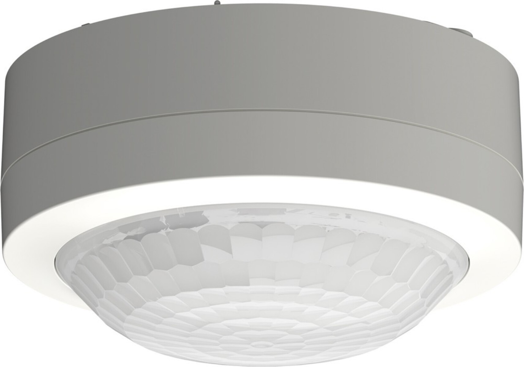 Un sensore di movimento bianco da soffitto con una cupola sfaccettata.