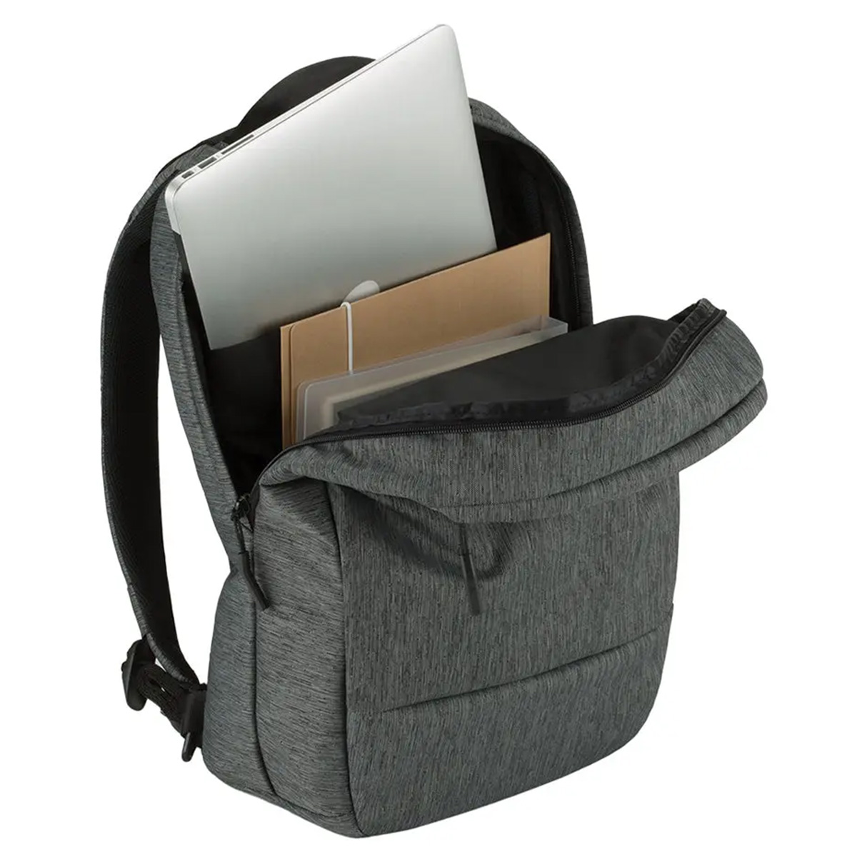 Grauer Rucksack mit geöffnetem Fach, Laptops und Ordnern.