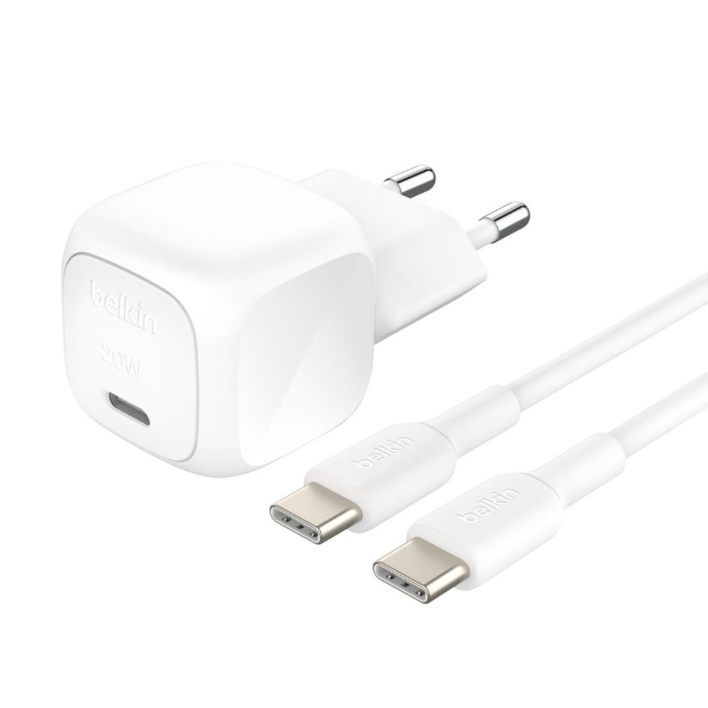 Caricatore Belkin bianco da 20W USB-C con due cavi USB-C bianchi.