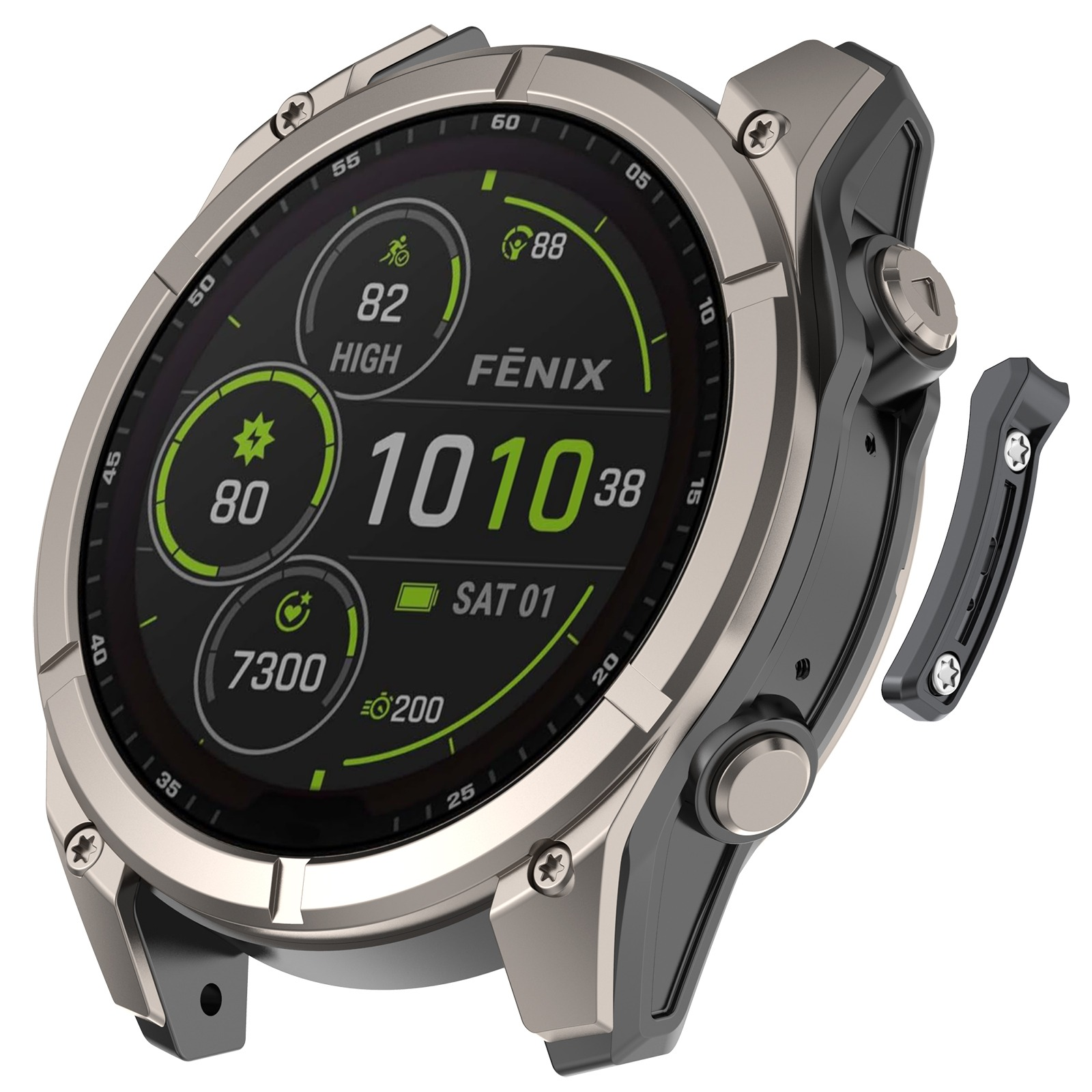 Srebrny i czarny smartwatch z cyfrowym wyświetlaczem pokazującym dane fitness.