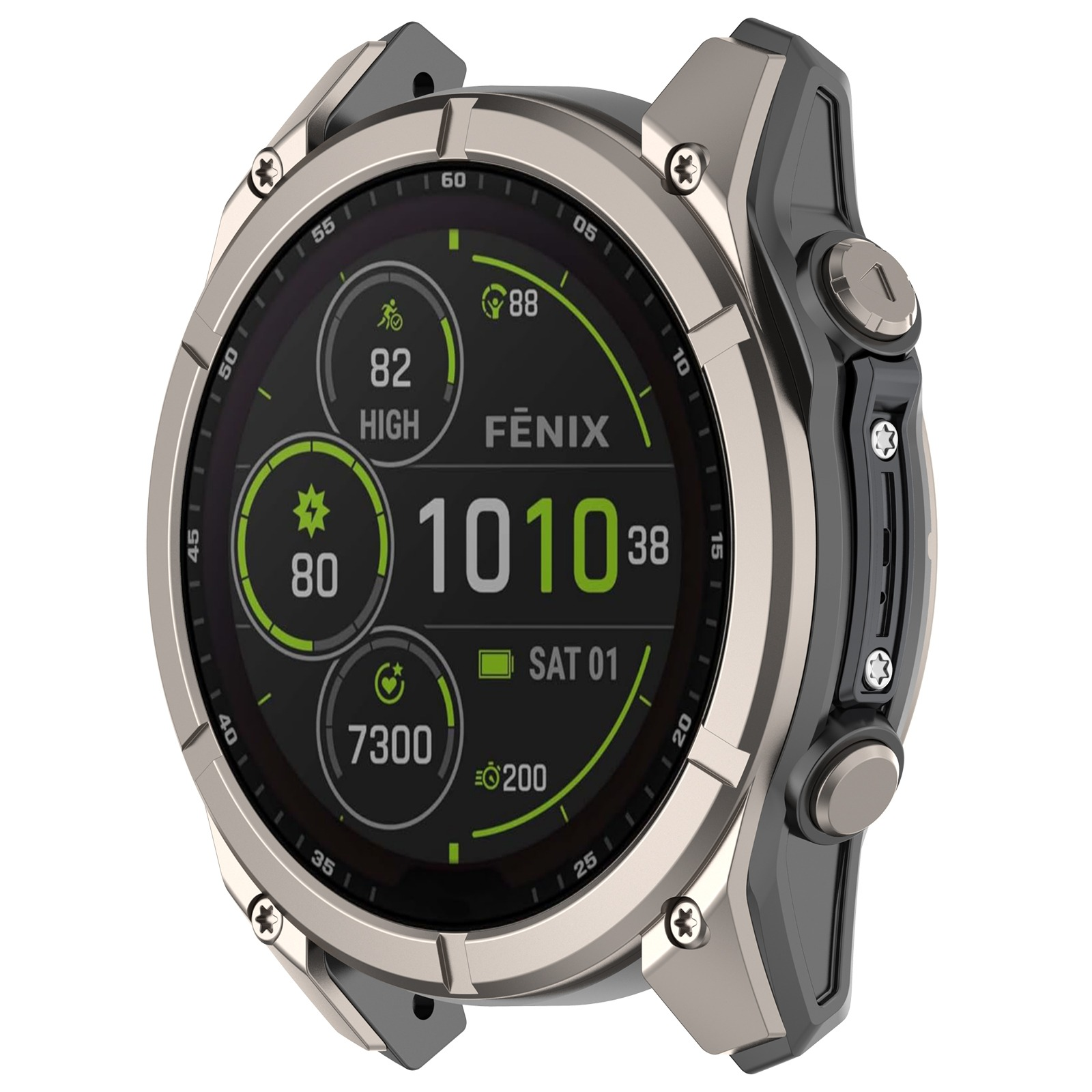 Srebrny i czarny smartwatch Fenix wyświetla dane fitness: 82 wysokie, 80 gwiazdek, 7300 kroków, 1010, Sob 01, 88, 200.