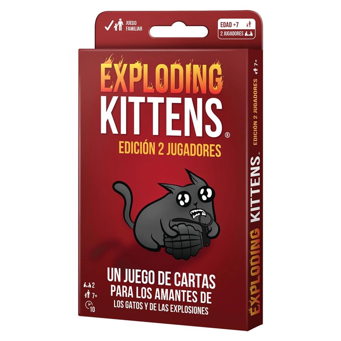 Scatola del gioco di carte Exploding Kittens: Un gatto nero dei cartoni animati tiene una bomba. Per 2 giocatori.