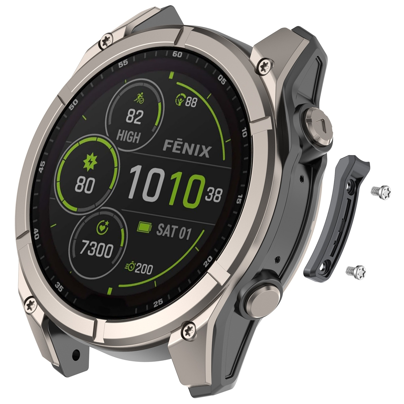 Srebrny i czarny smartwatch ze szczegółowym ekranem pokazującym statystyki. W pobliżu odłączony czarny pasek i śruby.
