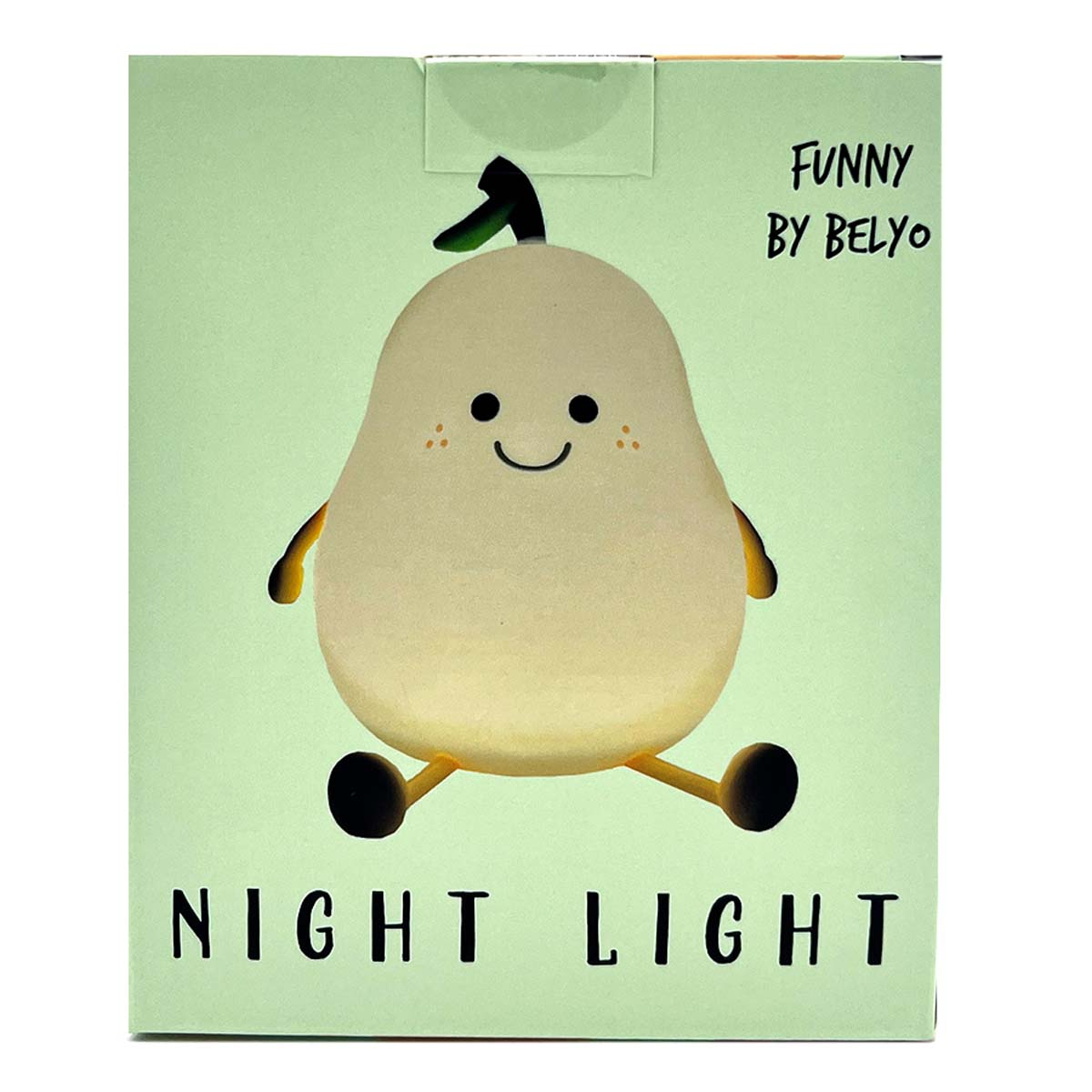 Eine Birne-Nachtlampe mit einem Gesicht auf einer hellgrünen Packung.