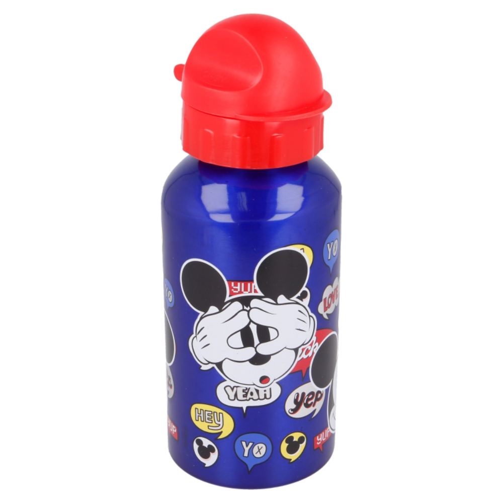 Borraccia blu con grafica di Topolino e tappo rosso.