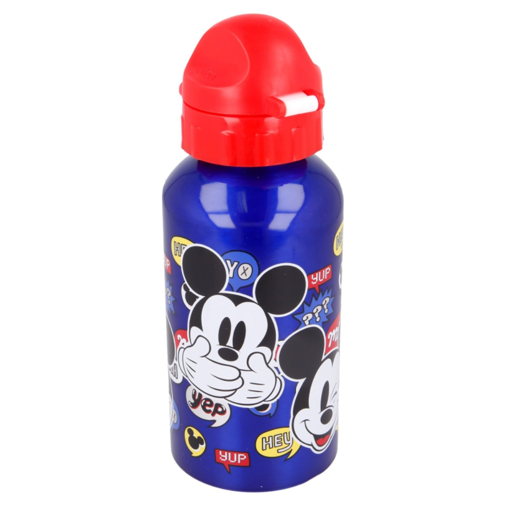 Borraccia in alluminio blu con tappo rosso, con grafiche di Topolino e testo in stile fumetto.