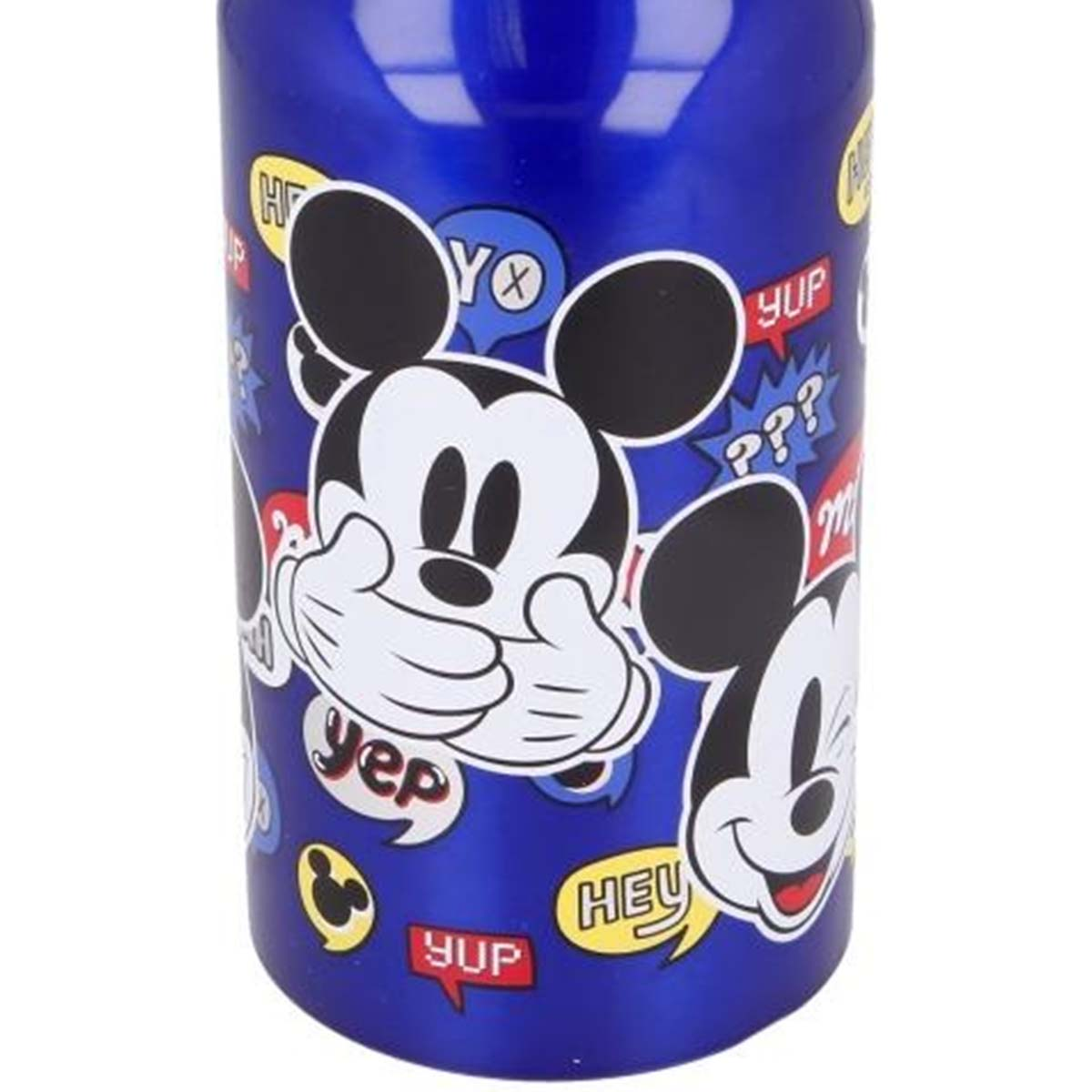 Bottiglia blu con adesivi di Topolino e fumetti in stile fumetto.