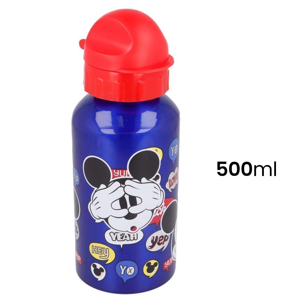 Borraccia blu da 500ml con grafica di Topolino e tappo rosso. Testo: '500ml'.
