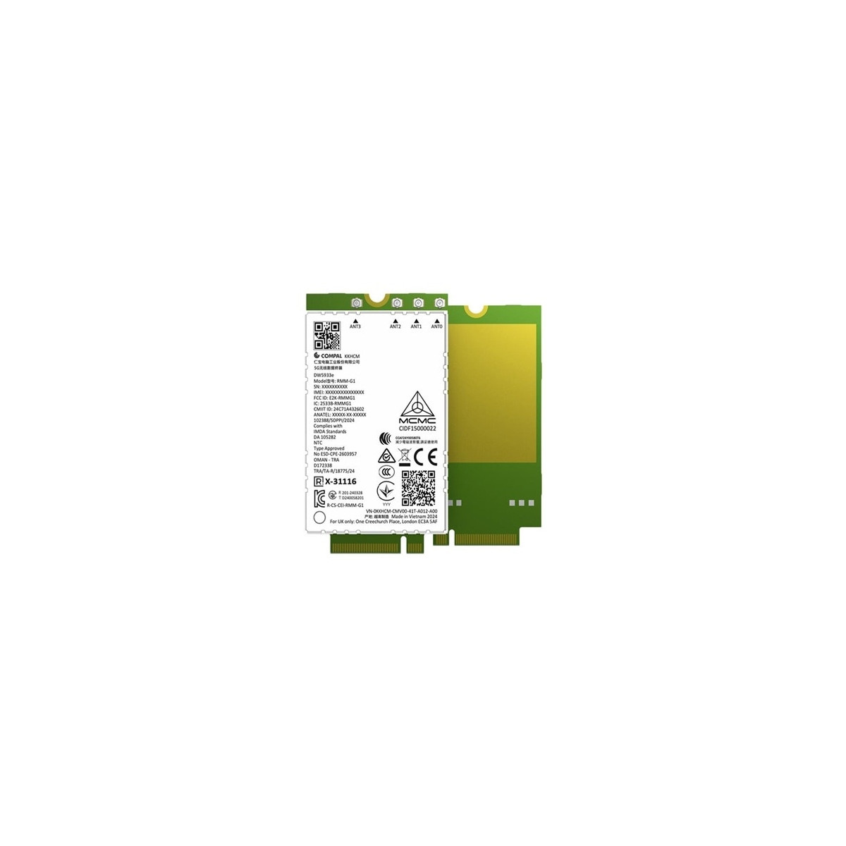Una scheda a circuito stampato verde con testo e loghi. Ha connettori antenna etichettati ANT3, ANT2, ANT1, ANTO.