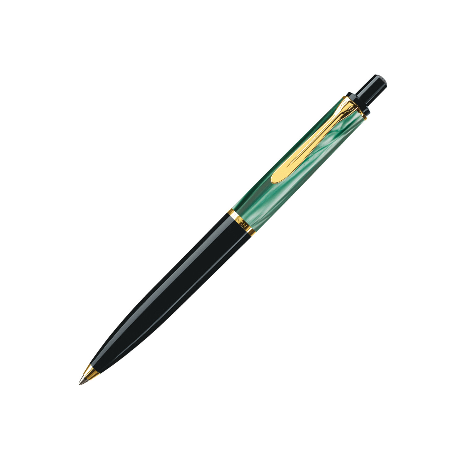 Una penna nera e verde marmorizzata con accenti dorati su sfondo bianco.