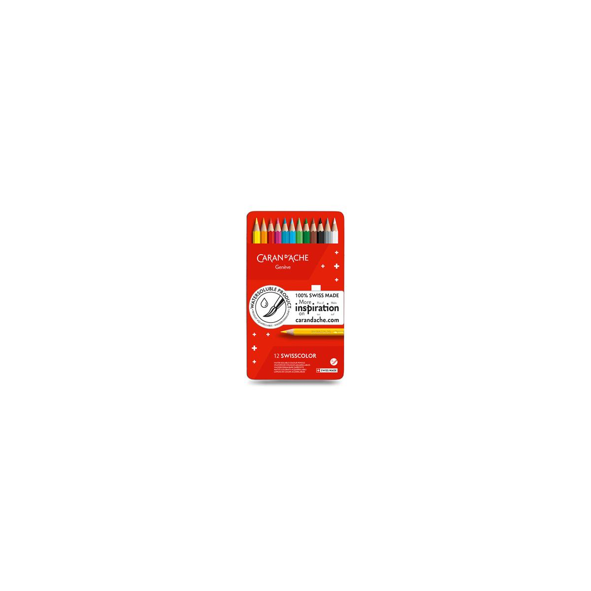 Una scatola di 12 matite acquerellabili Caran d'Ache in vari colori.