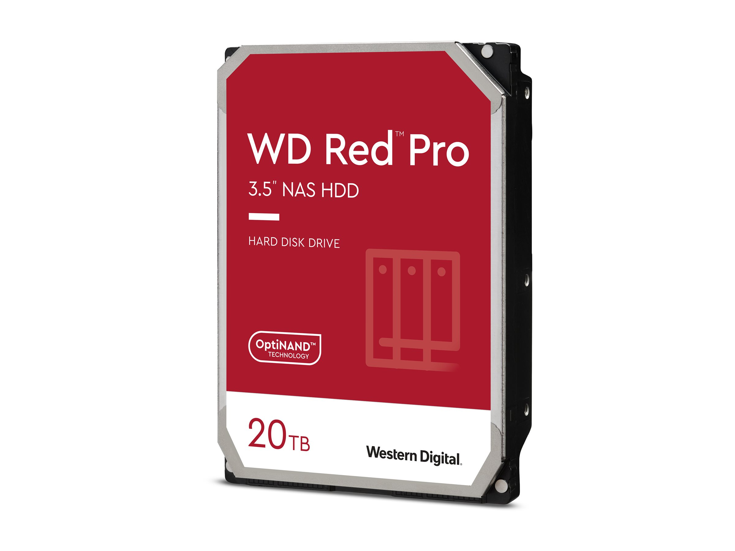 Un hard disk WD Red Pro da 20TB da 3,5" NAS con tecnologia OptiNAND di Western Digital.