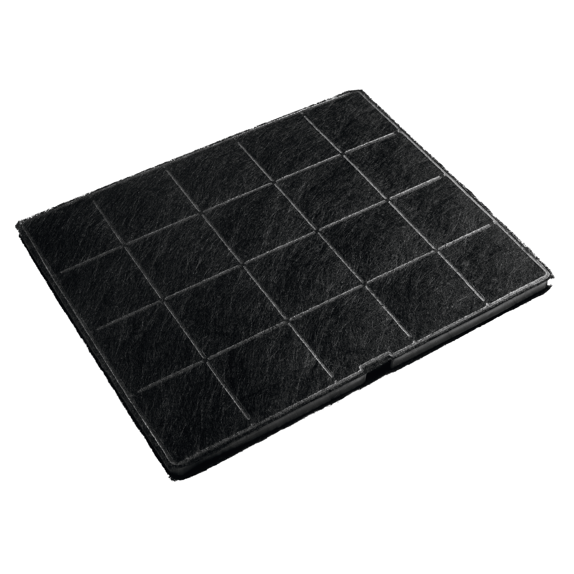 Un filtro a carboni attivi nero con motivo a griglia su sfondo bianco.