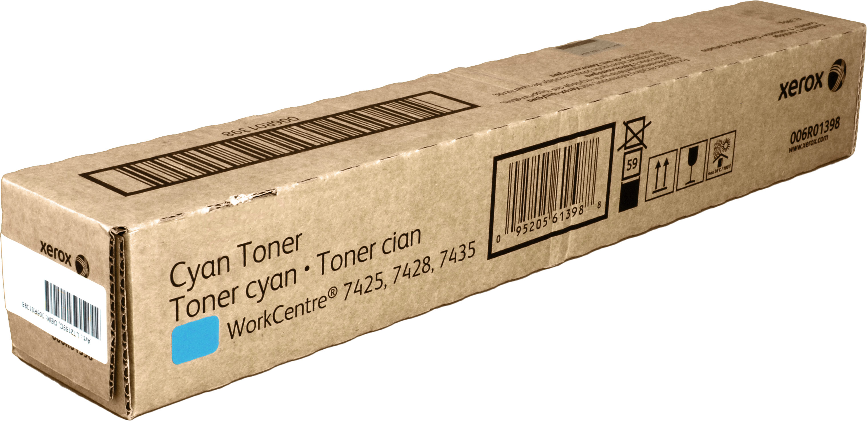 Scatola toner Xerox ciano con codici a barre e simboli per WorkCentre 7425.