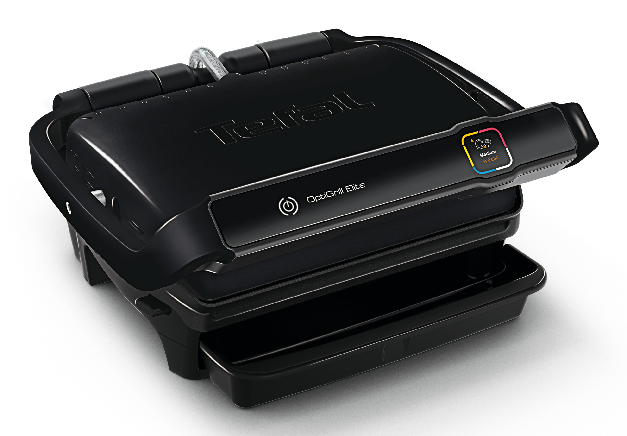 Tefal OptiGrill Elite noir avec écran numérique indiquant 'Medium in 02:30'.