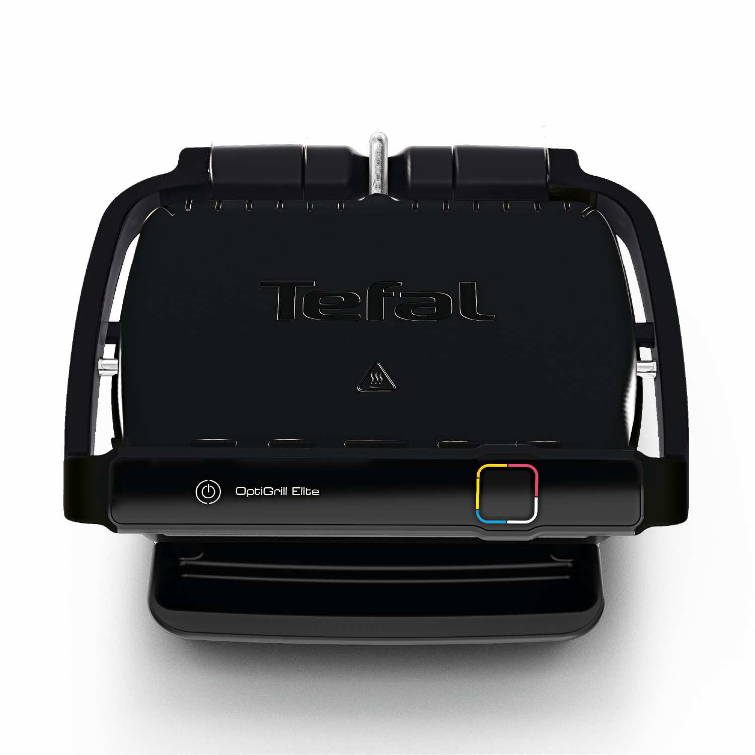 Un grill électrique Tefal OptiGrill Elite noir sur fond blanc.