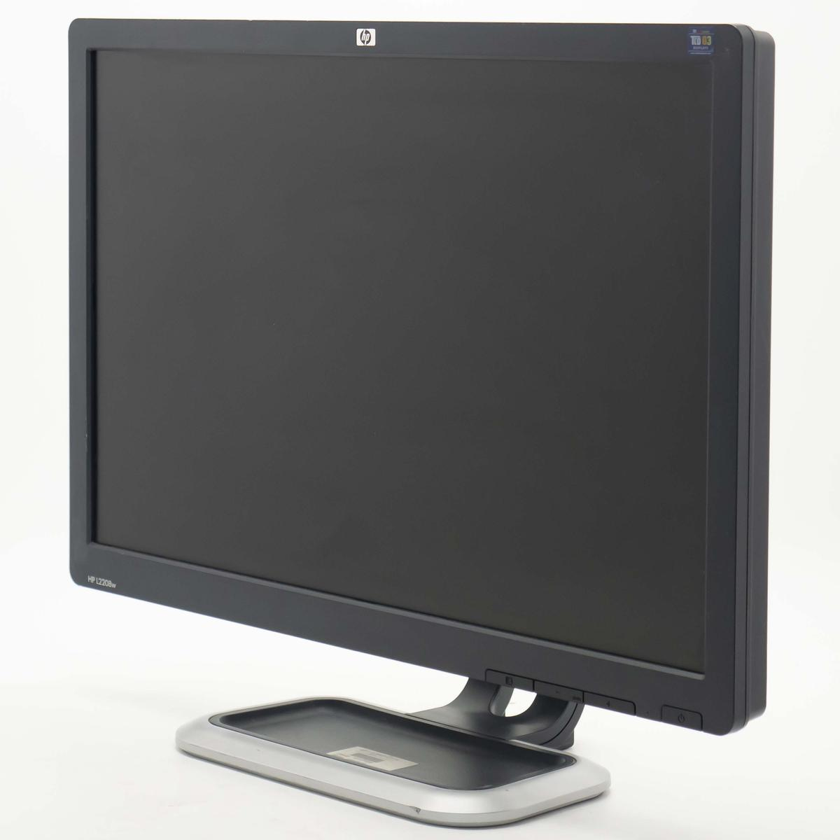 Un monitor per computer HP nero con base argentata, mostrato di lato su sfondo bianco.