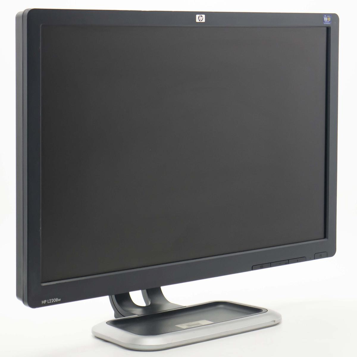 Viene mostrato un monitor HP L2208w nero con supporto e base argentati.
