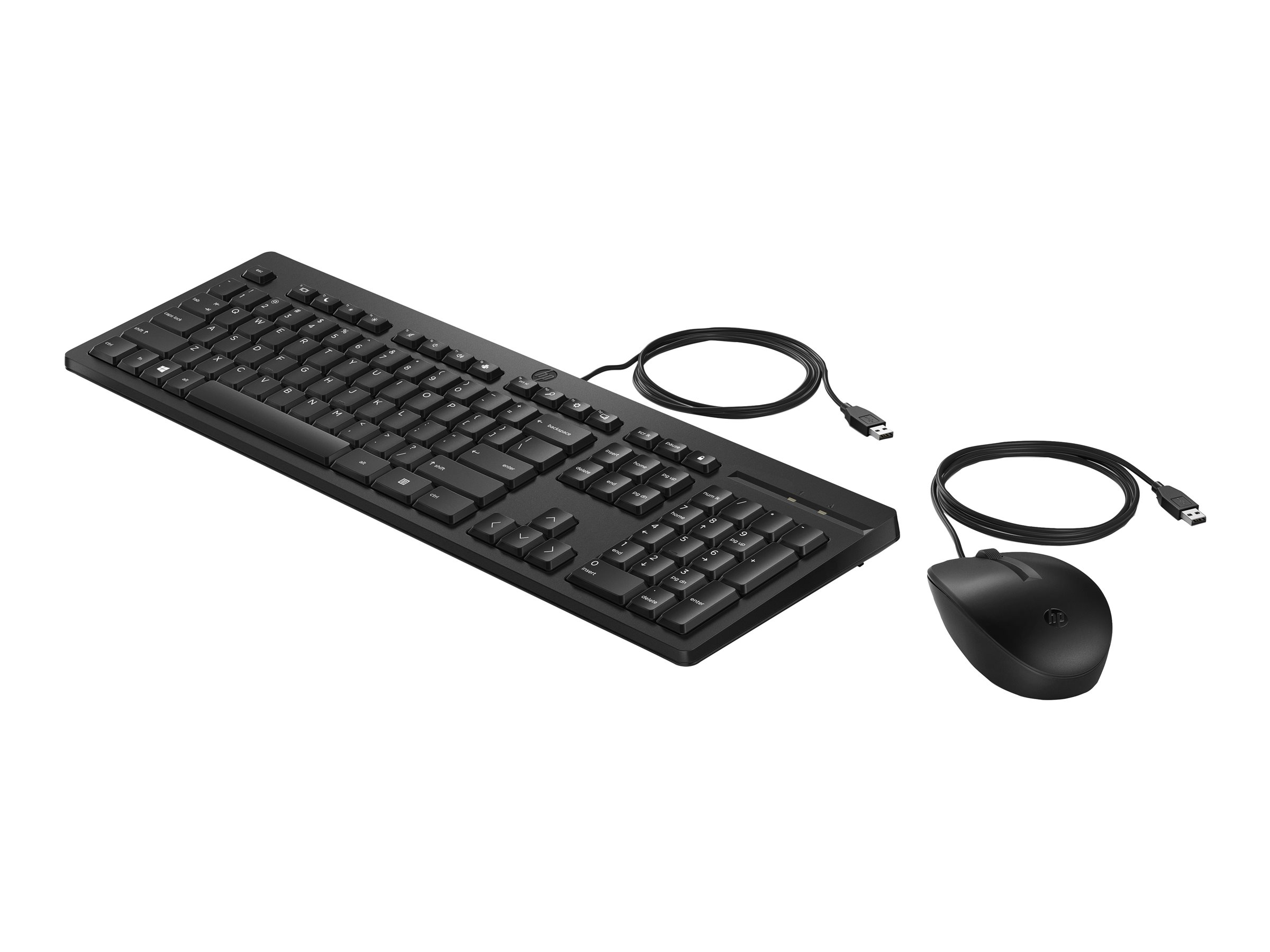 Tastiera e mouse HP neri con cavi USB su sfondo bianco.