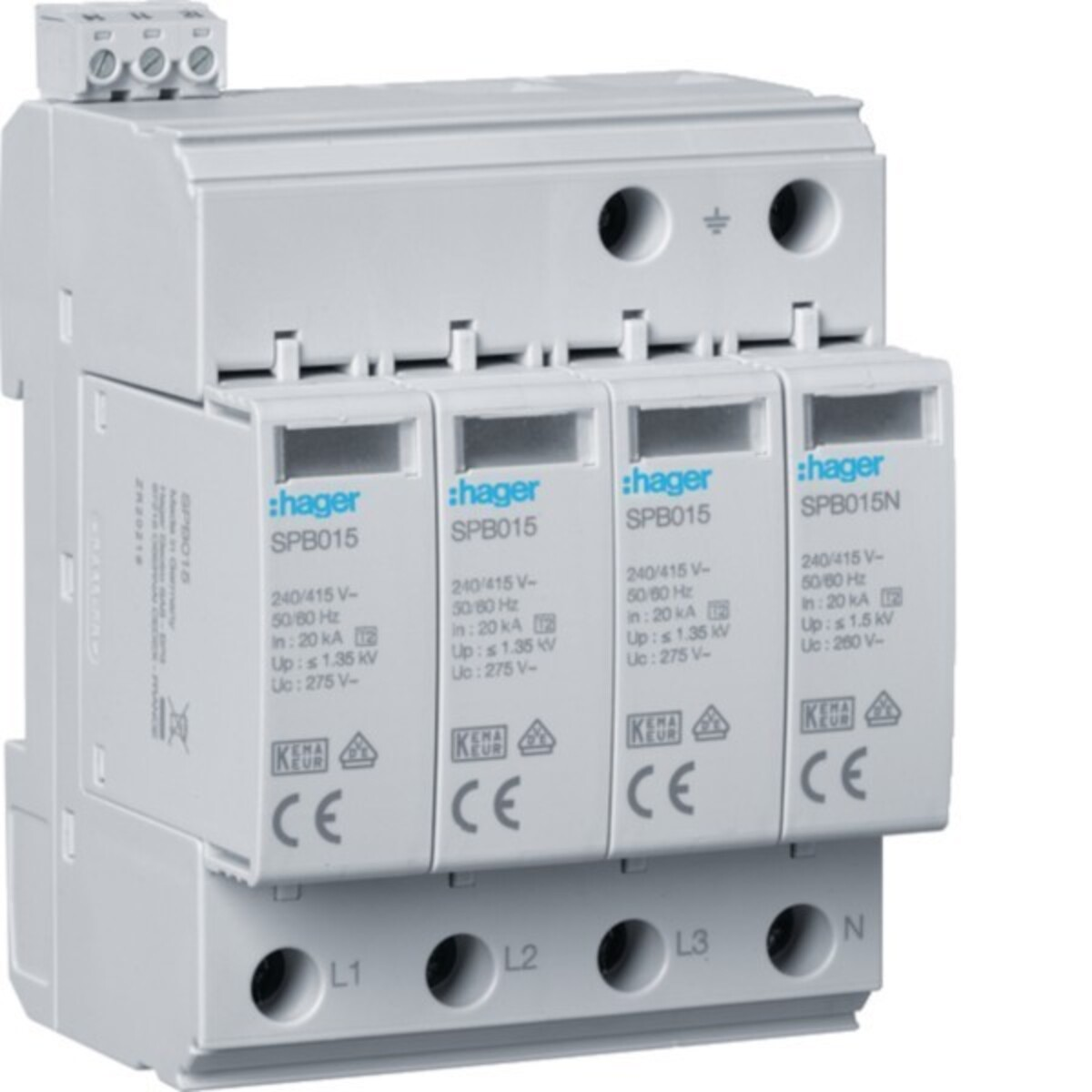 Protezione da sovratensione elettrica bianca con quattro moduli SPB015 e SPB015N.