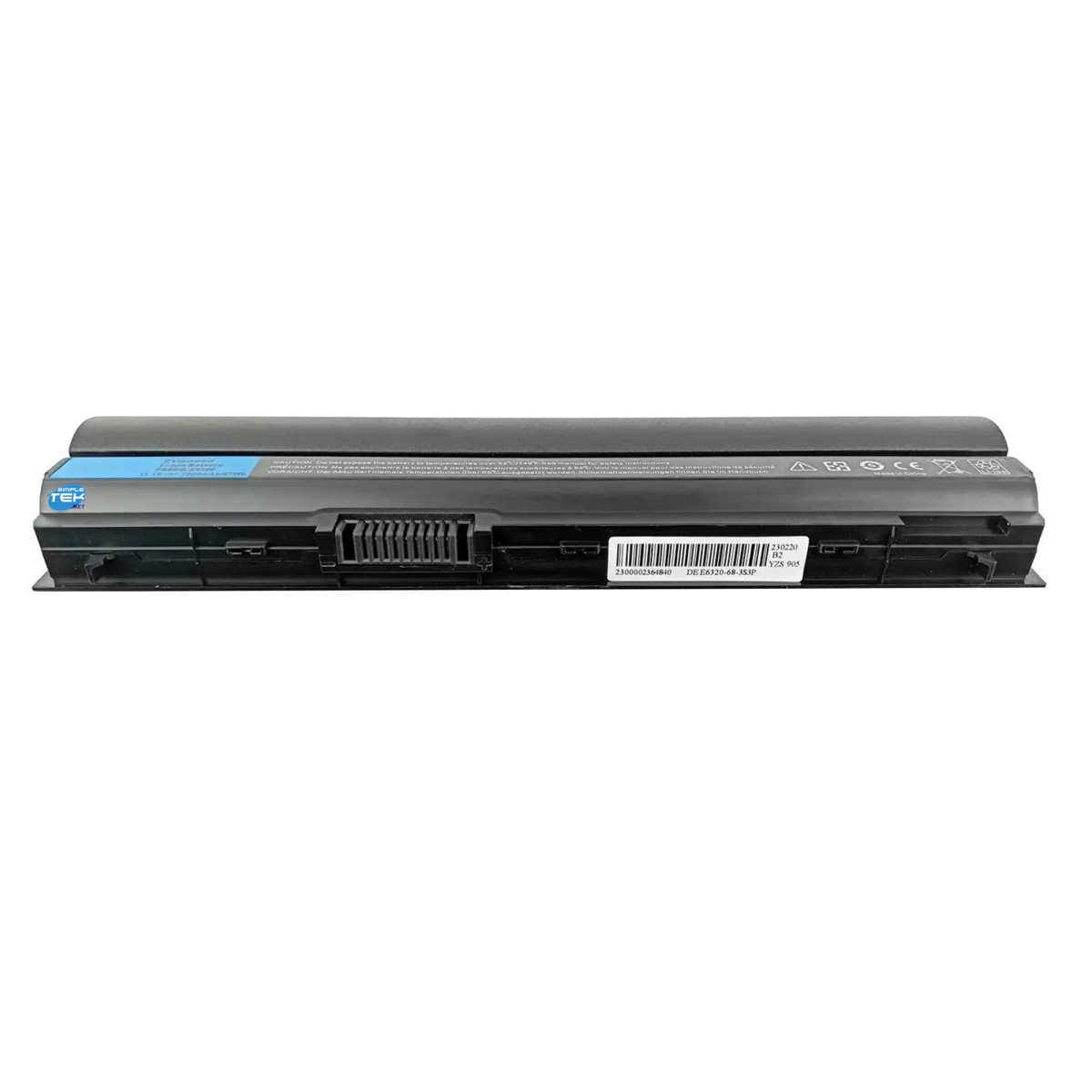 Batteria per laptop nera con etichetta blu e connettore. Codice a barre e numero di modello visibili.