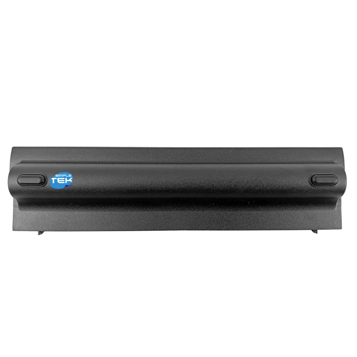Batteria nera per laptop con logo blu Simple Tek. Due pulsanti a sinistra e a destra.