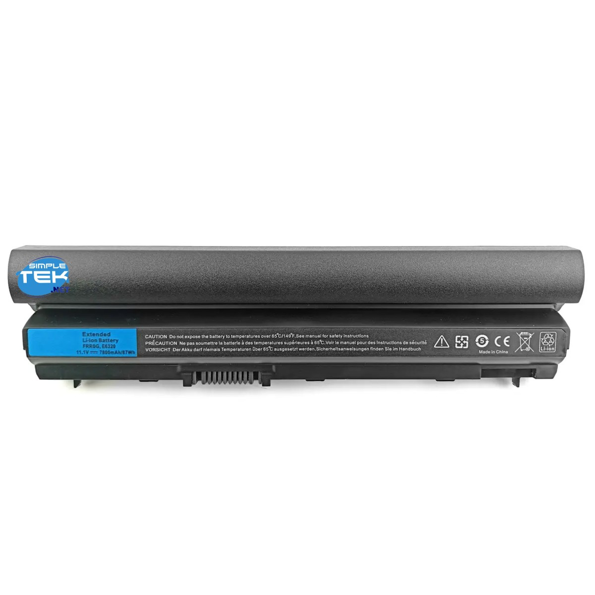 Batteria nera per laptop con etichetta blu; logo "Simple Tek" in alto a sinistra.
