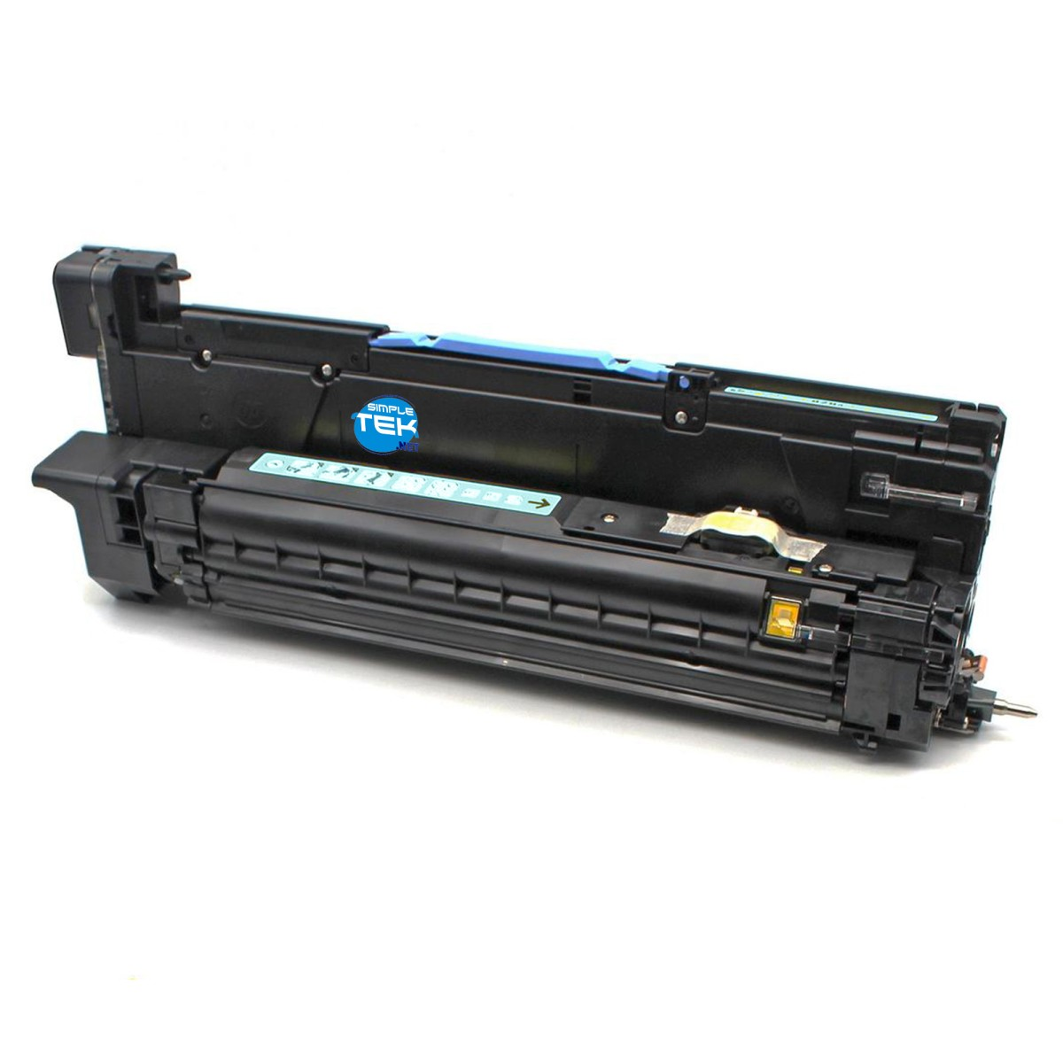 Una cartuccia toner nera con accenti blu e logo Simple Tek.