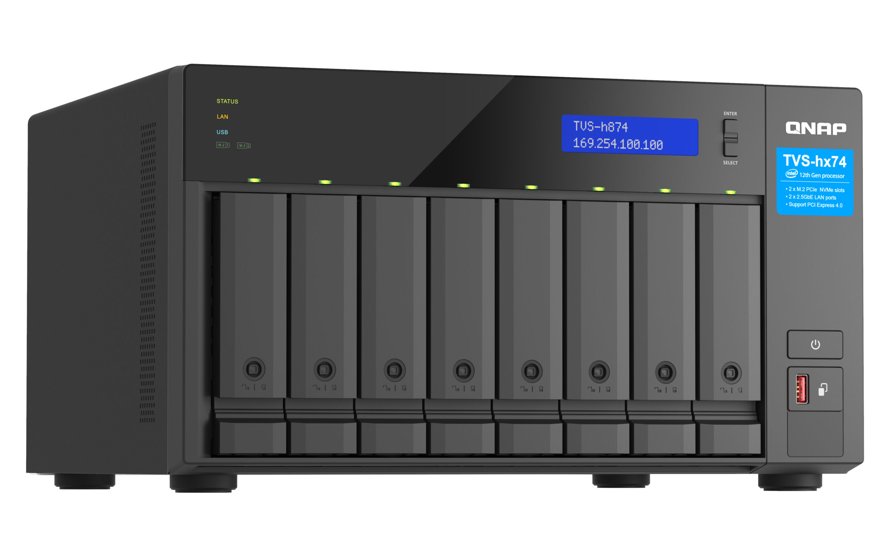 QNAP TVS-hx74 NAS mit 8 Laufwerksschächten, Digitalanzeige und Frontanschlüssen.