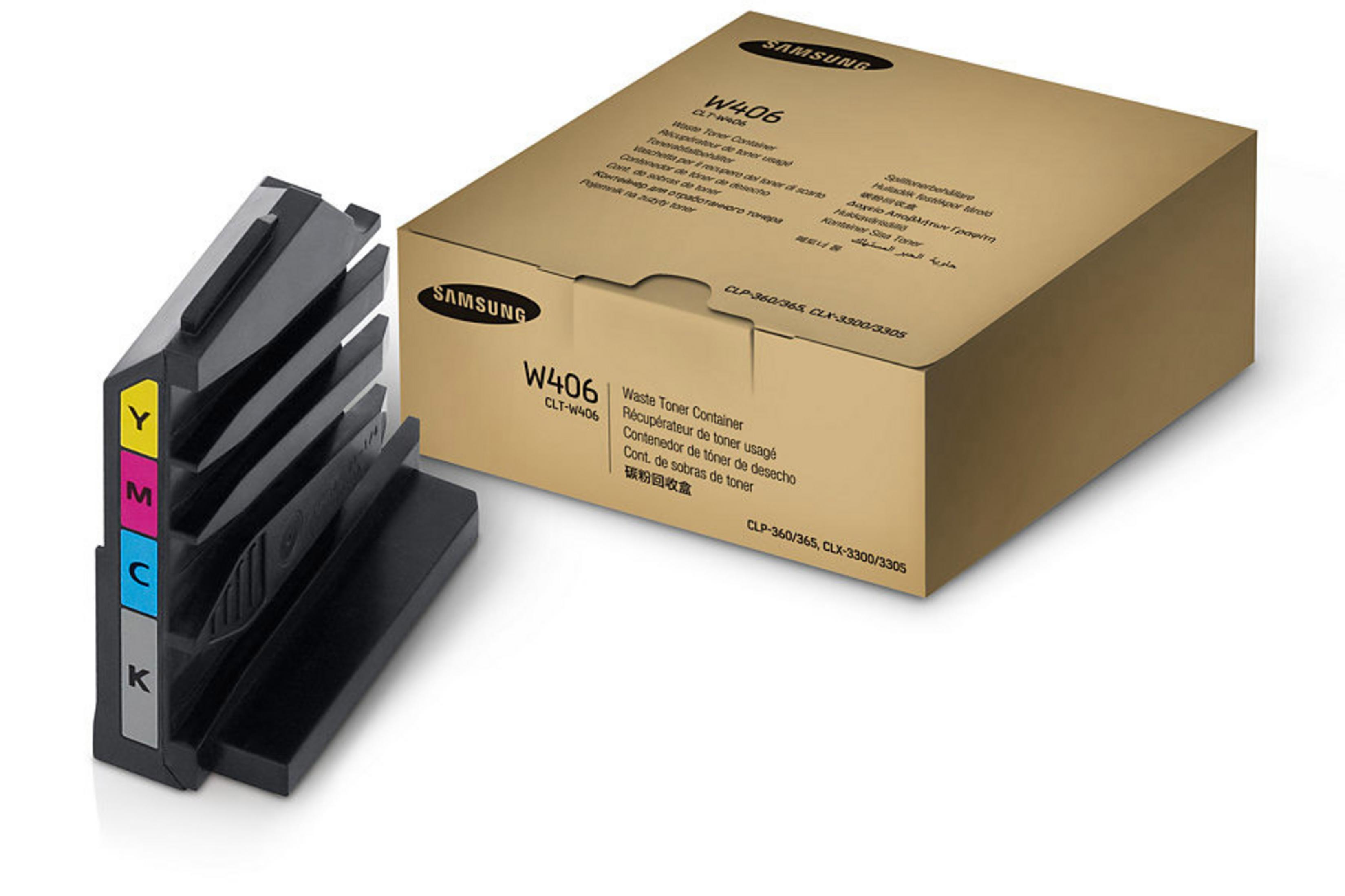 Contenitore toner esausto Samsung W406 e portacartucce colore Y, M, C, K.