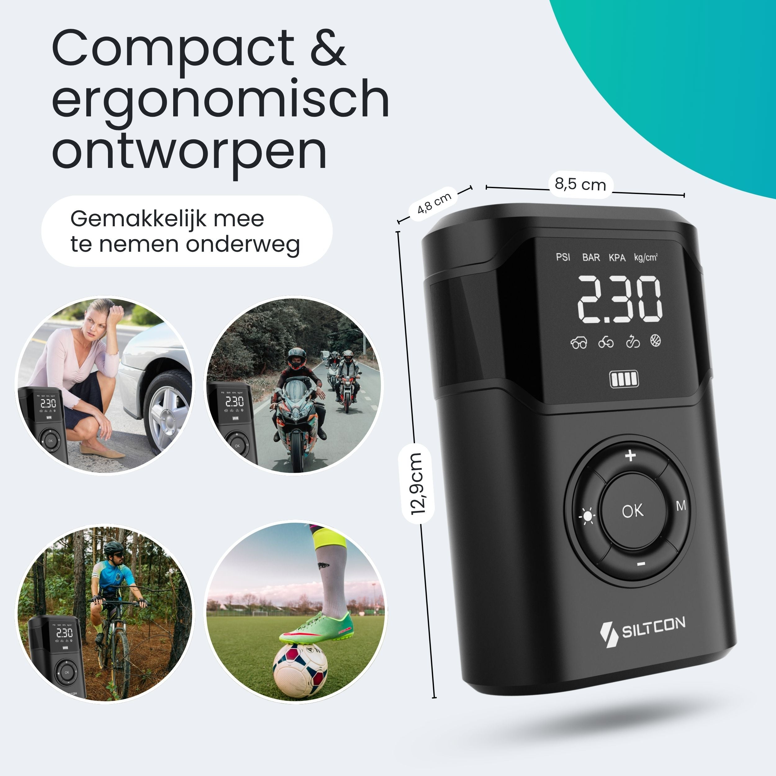 Zwarte draagbare compressor met display die bandenspanning toont. Vier kleine afbeeldingen tonen gebruikssituaties.