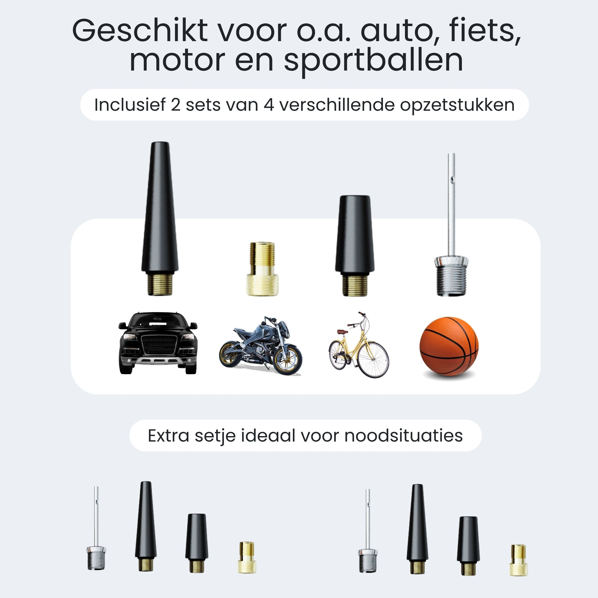 Illustratie toont accessoires voor auto's, fietsen, motoren en sportballen.