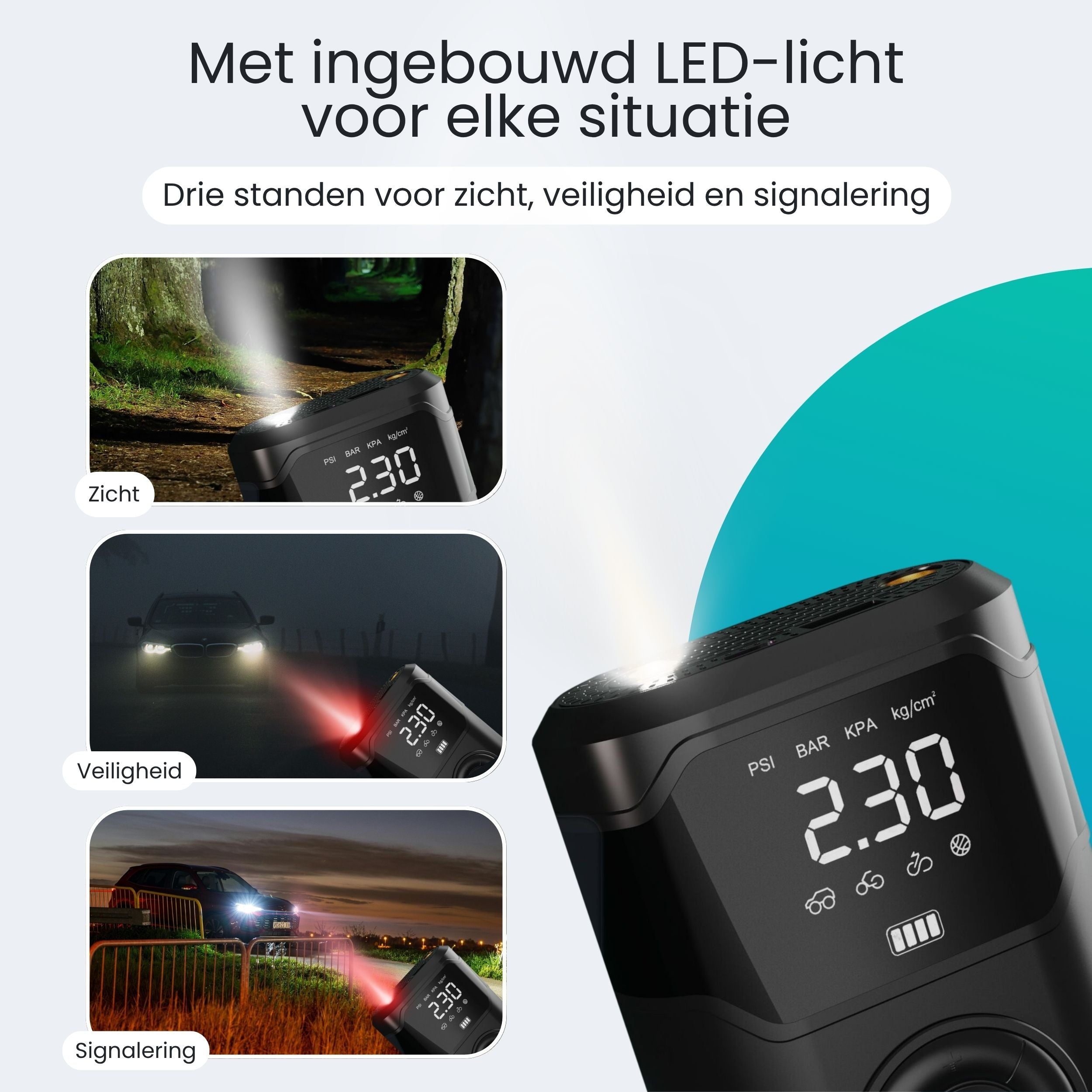 Draagbare compressor met LED-lamp in drie standen: zicht, veiligheid, signaal.