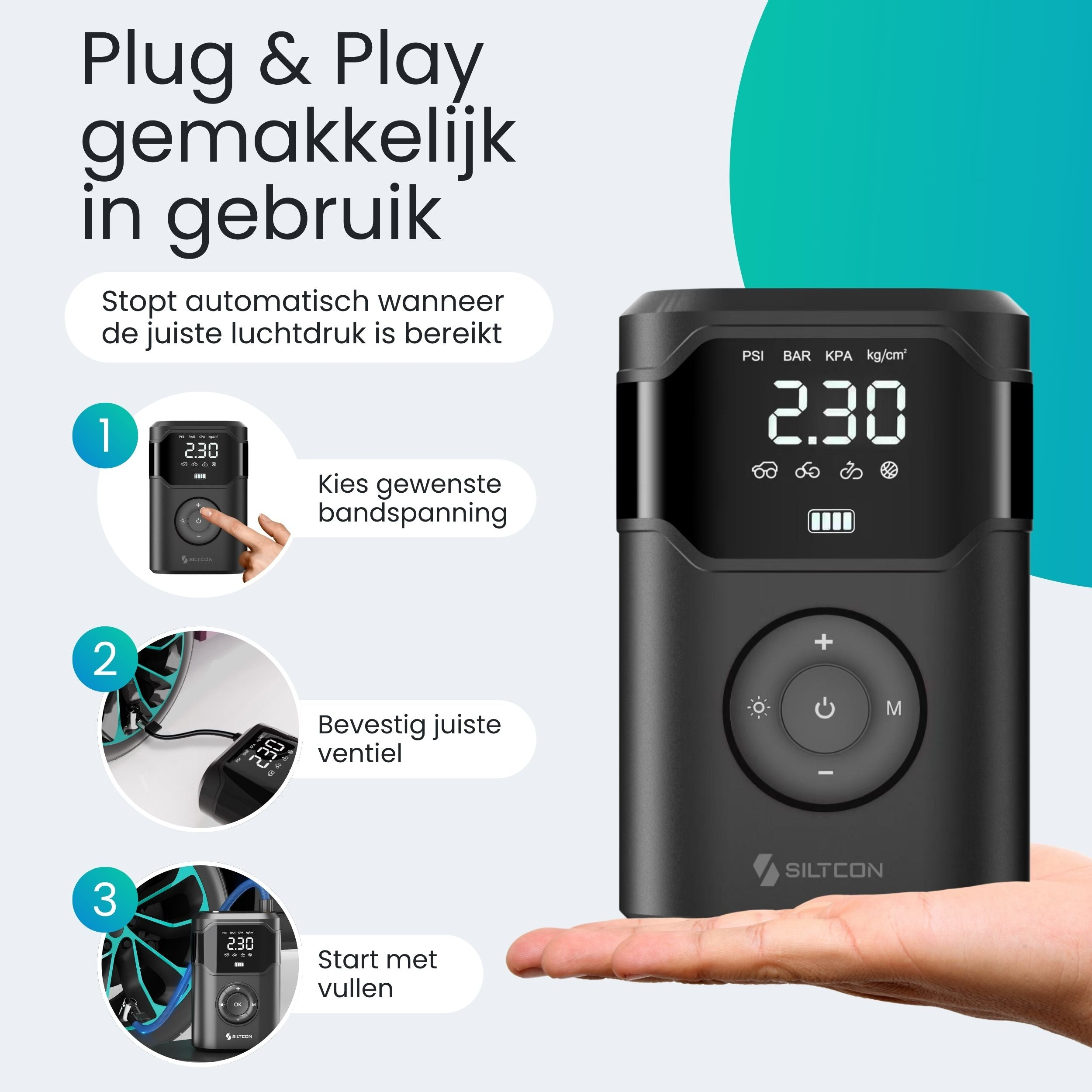 Zwarte digitale bandenpomp toont 2.30 PSI, met instructieafbeeldingen.