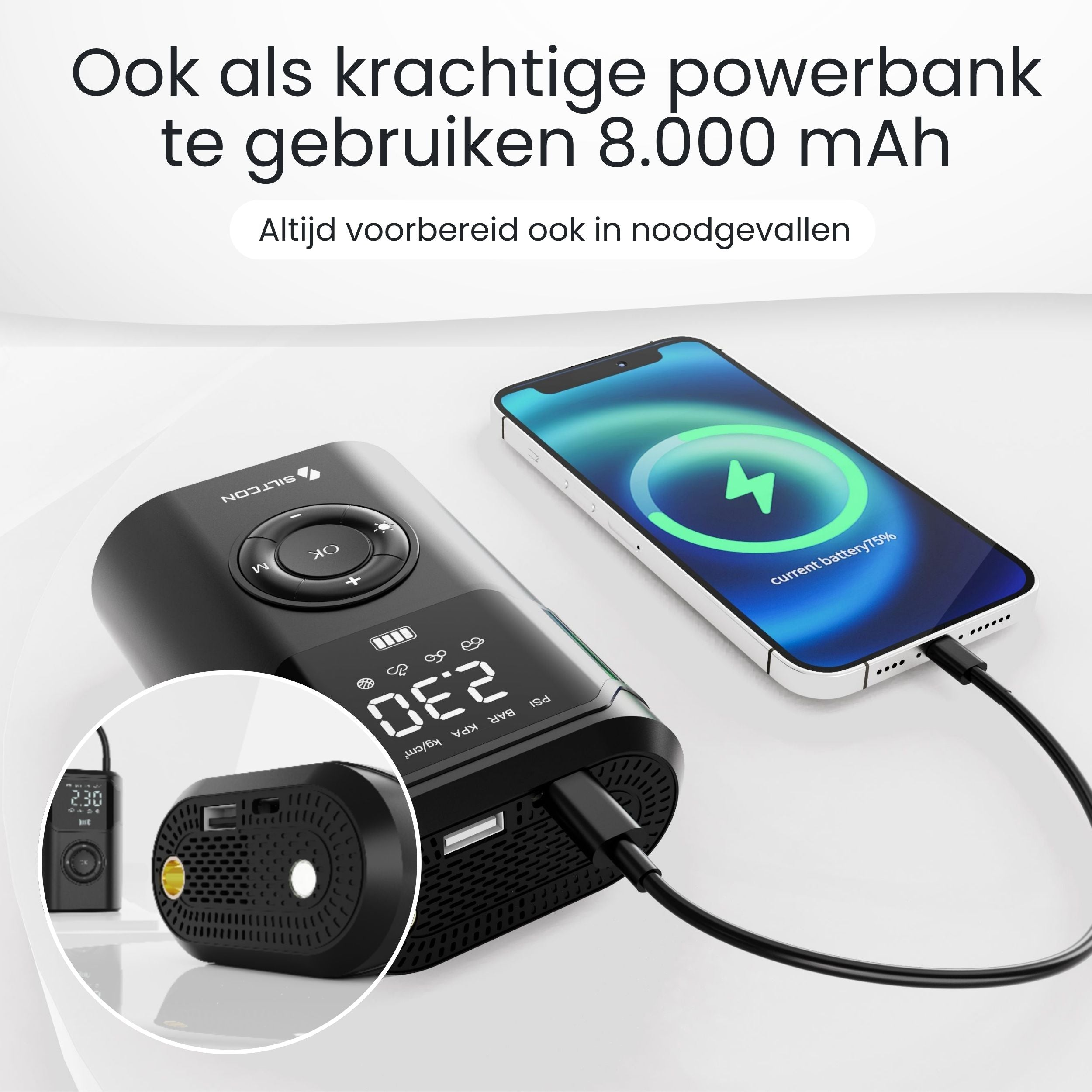 Een zwarte draagbare luchtpomp laadt een smartphone op met 75% batterij. Tekst in het Nederlands.