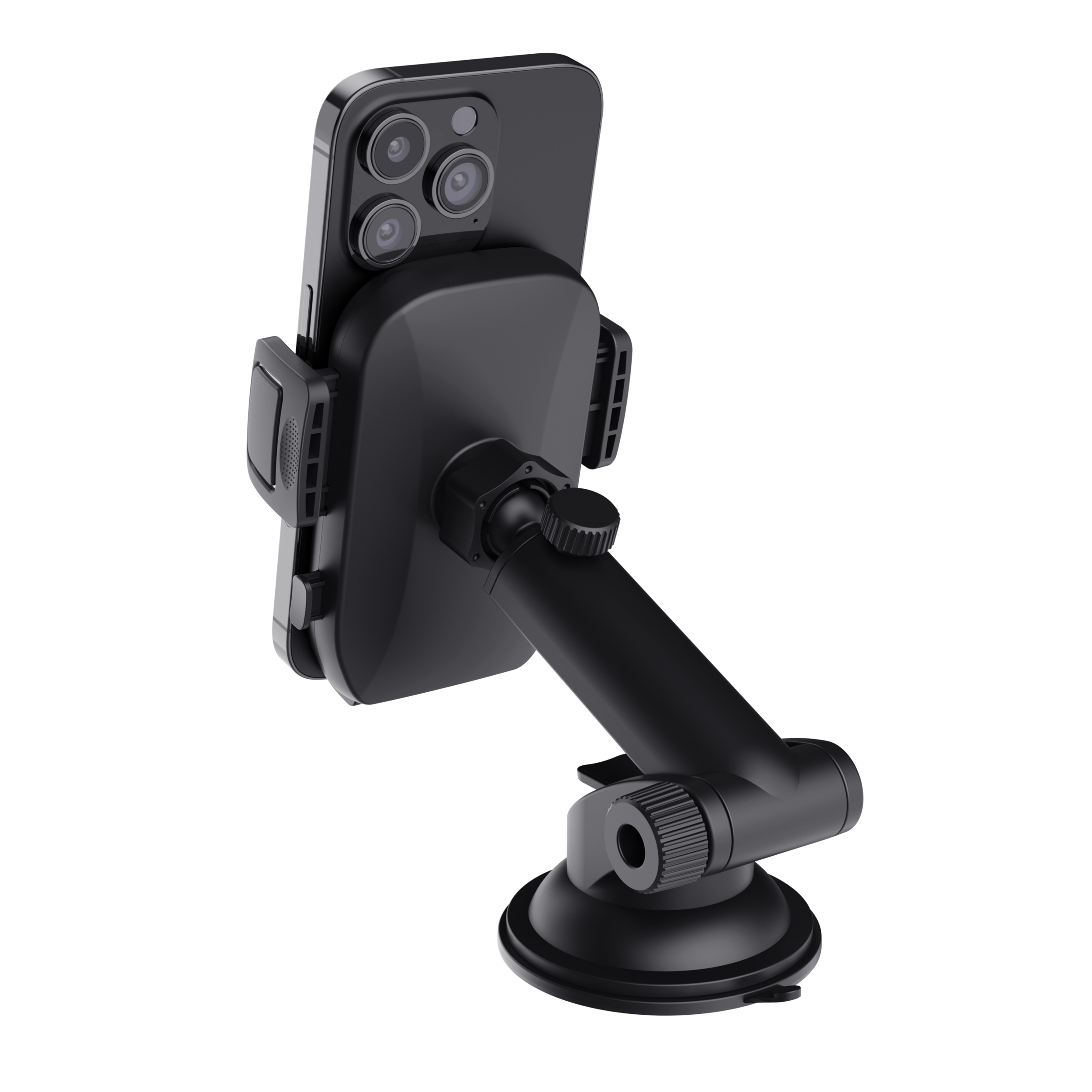 Smartphone nero montato su un supporto per auto con base a ventosa.