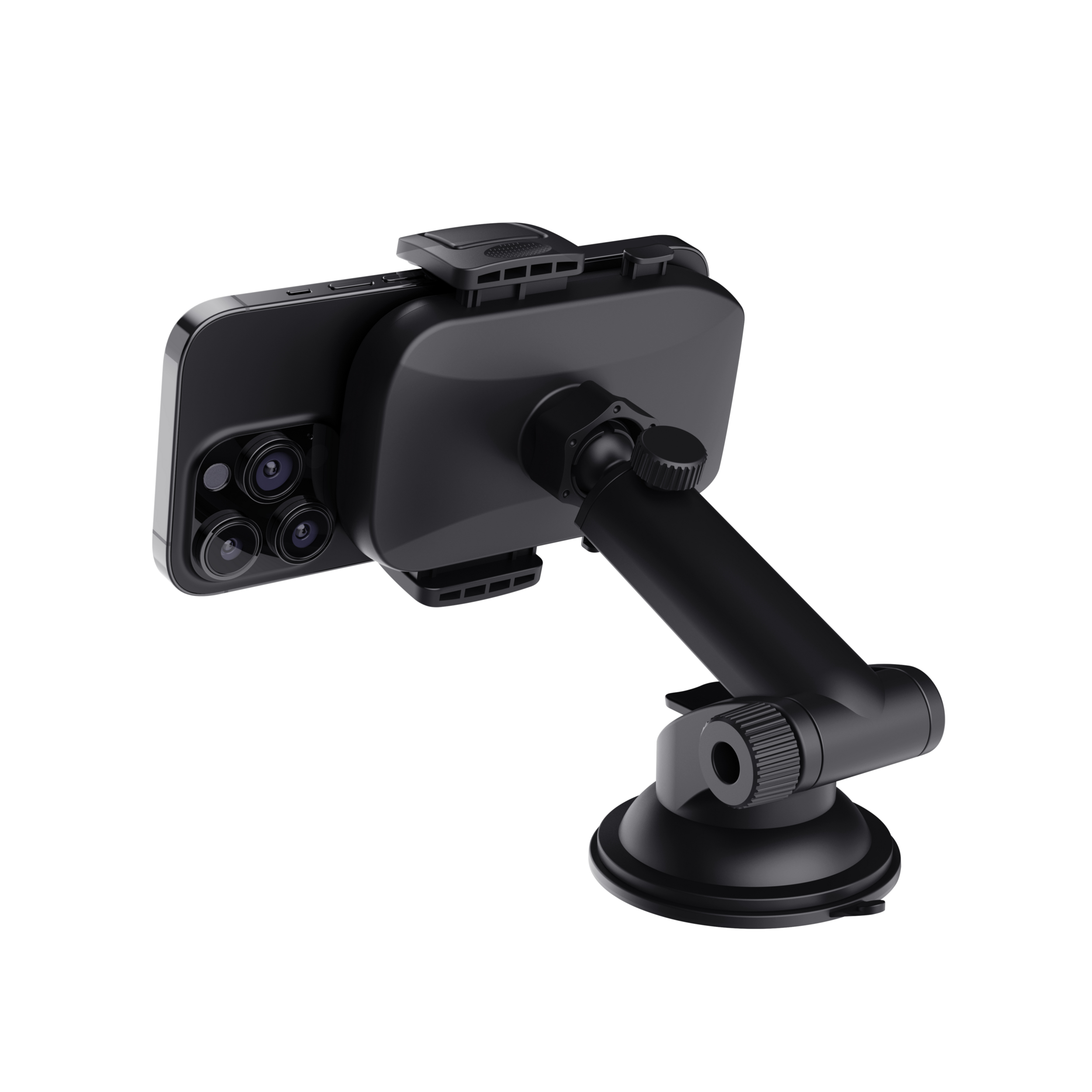 Un supporto per auto per smartphone nero con base a ventosa che tiene uno smartphone nero.