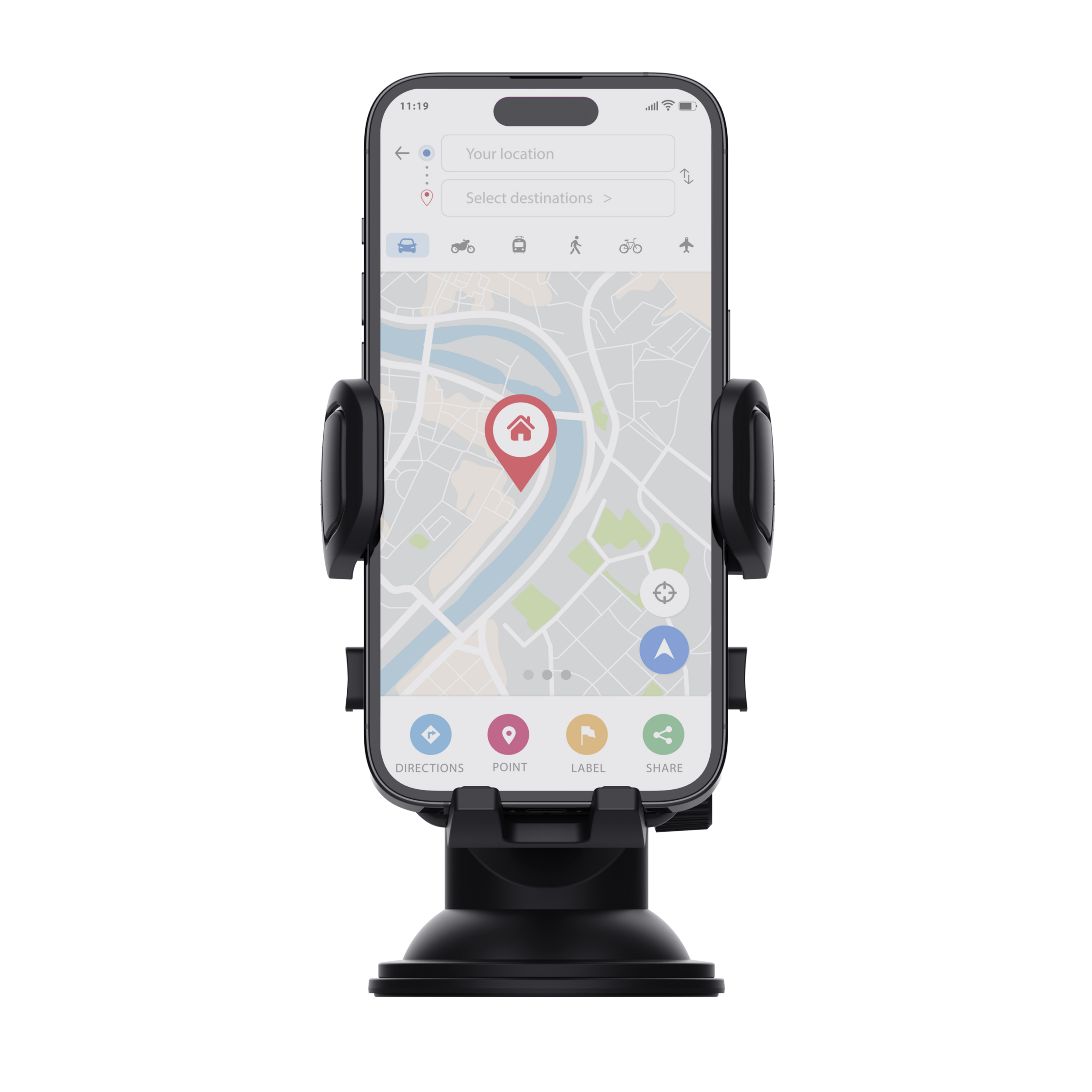 Uno smartphone con un'app di navigazione in un supporto nero su sfondo bianco.