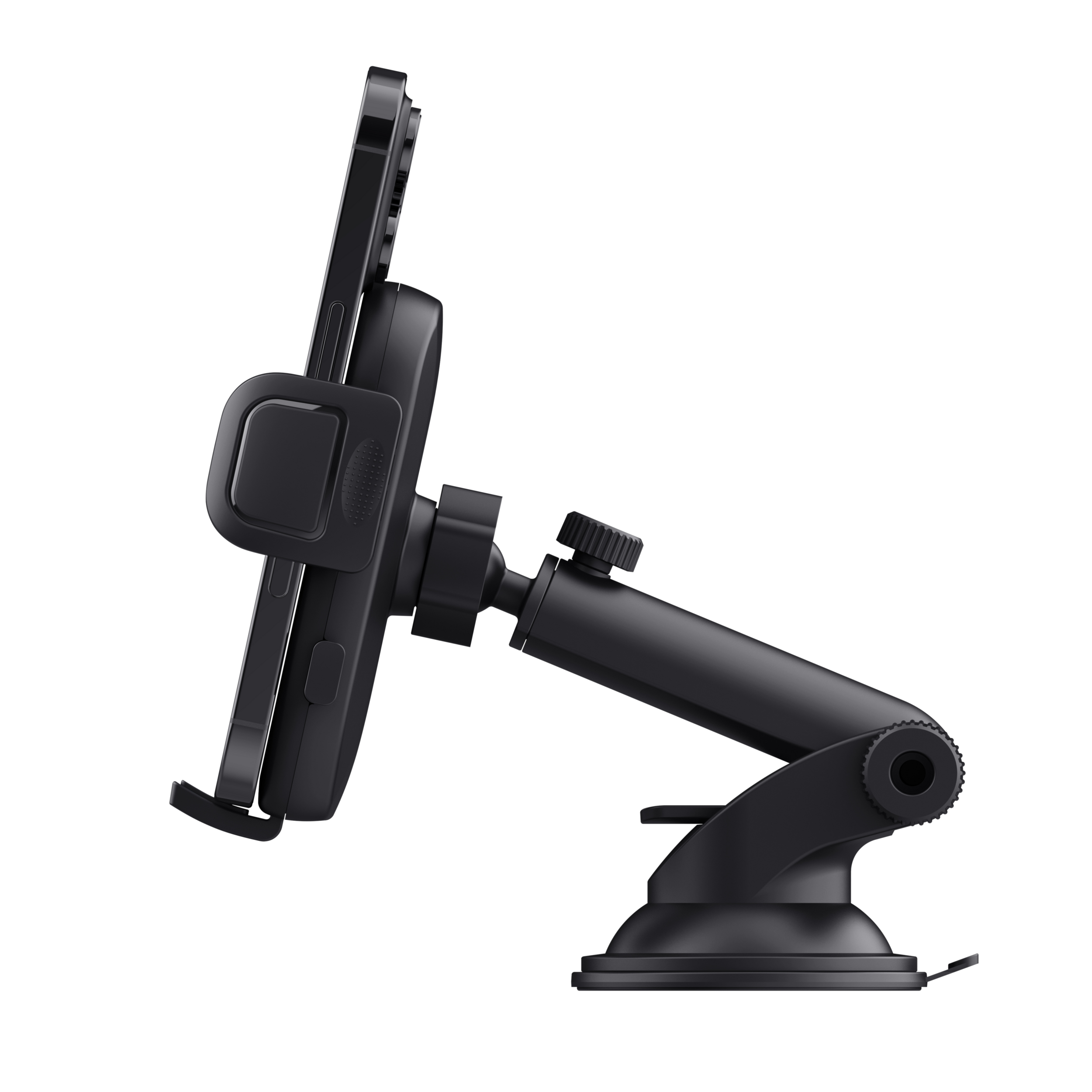 Supporto per auto per smartphone nero con braccio regolabile e base a ventosa.