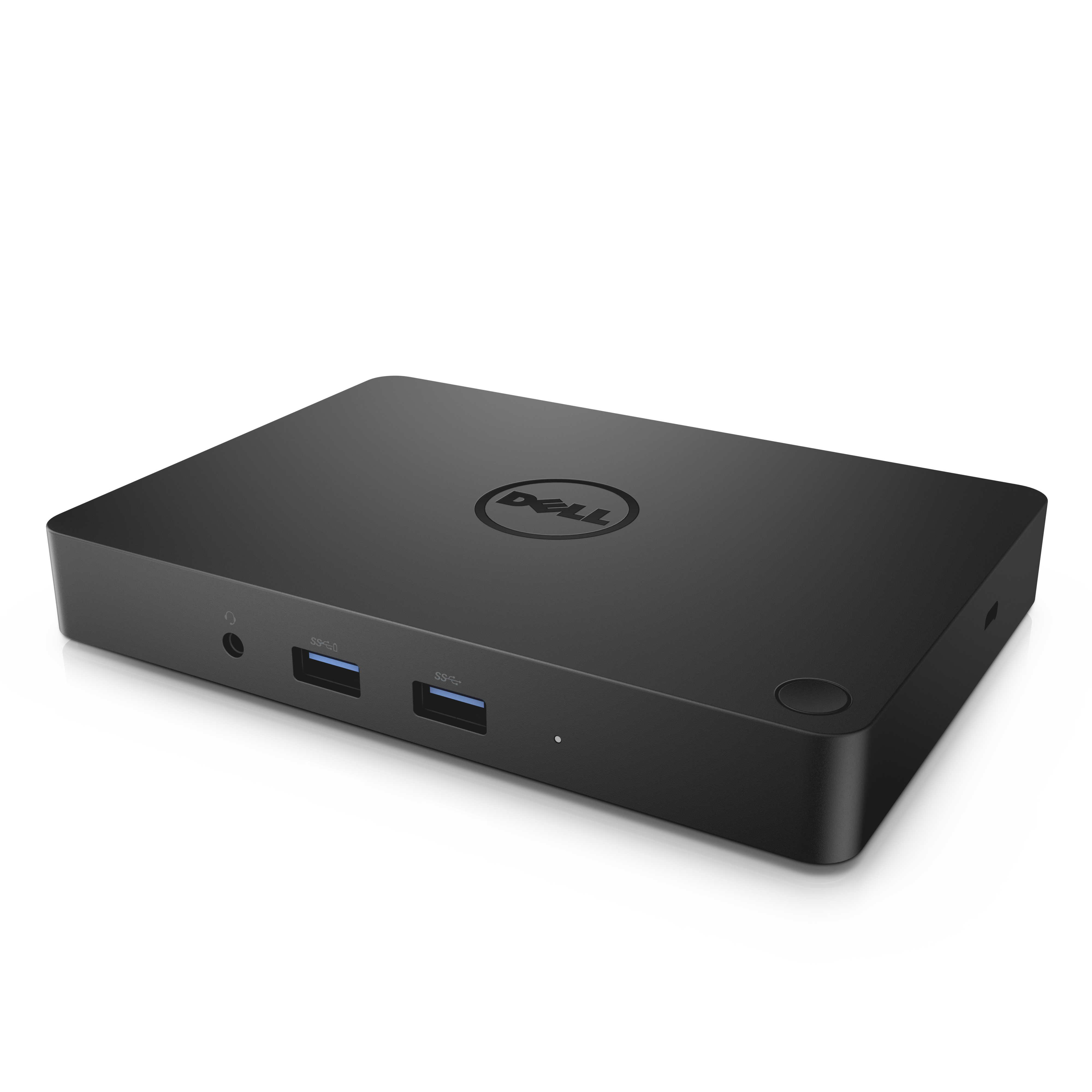 Docking station Dell nera con USB-C e porta audio.