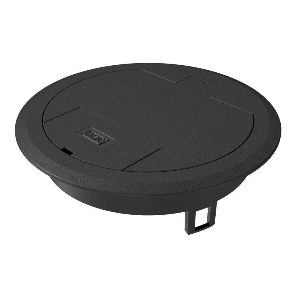 Un passacavo rotondo nero da pavimento con coperchio incernierato e logo OBO.