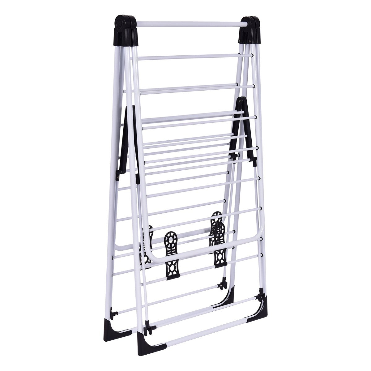 Un tendedero blanco plegable con detalles negros, con varios niveles para la ropa.