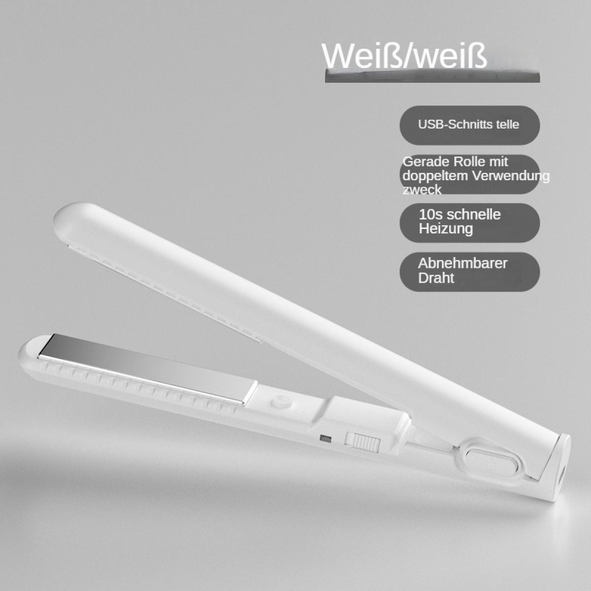 Ein weißer Haarglätter mit USB-Anschluss und abnehmbarem Kabel.