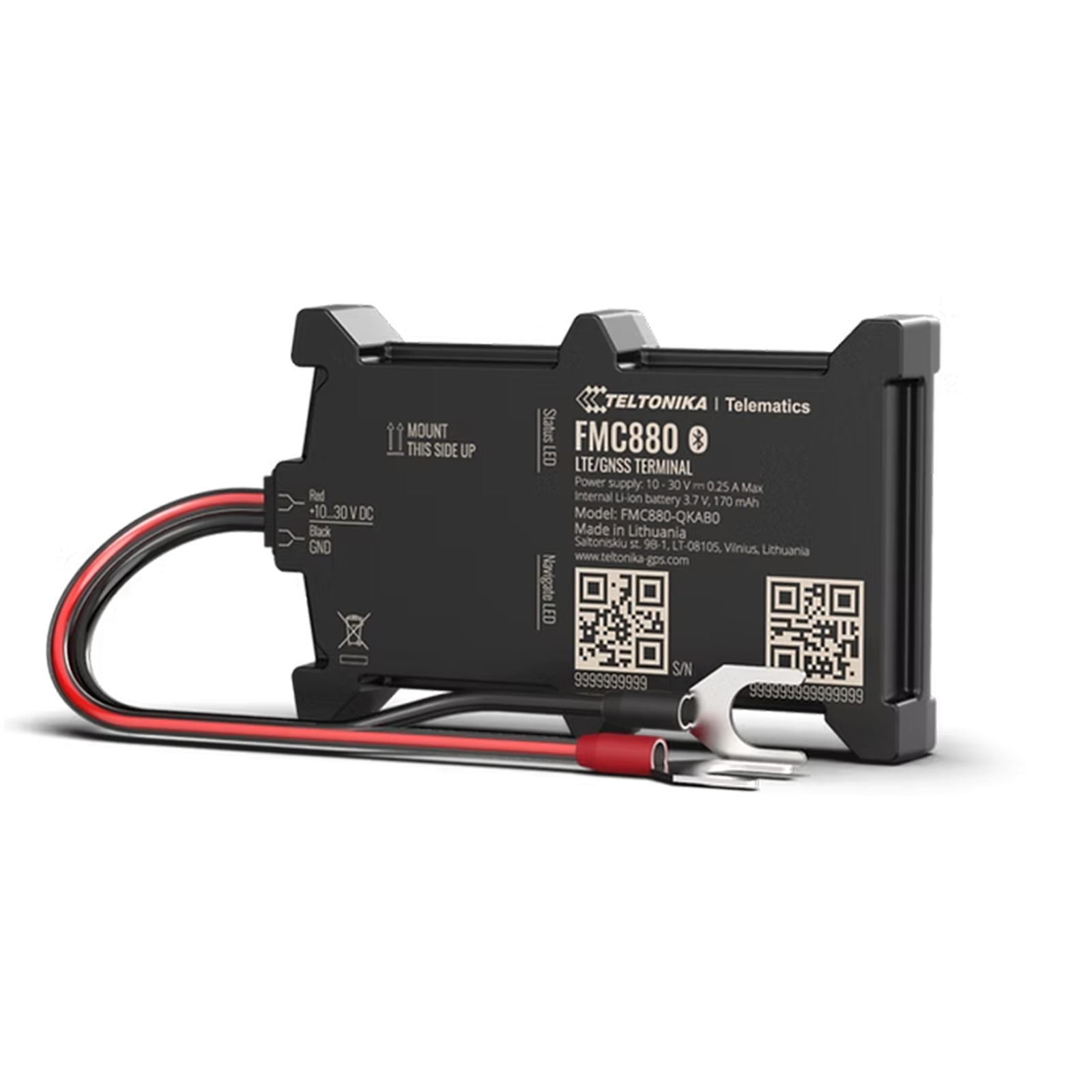 Terminale Teltonika FMC880 LTE/GNSS nero con fili rossi e neri.